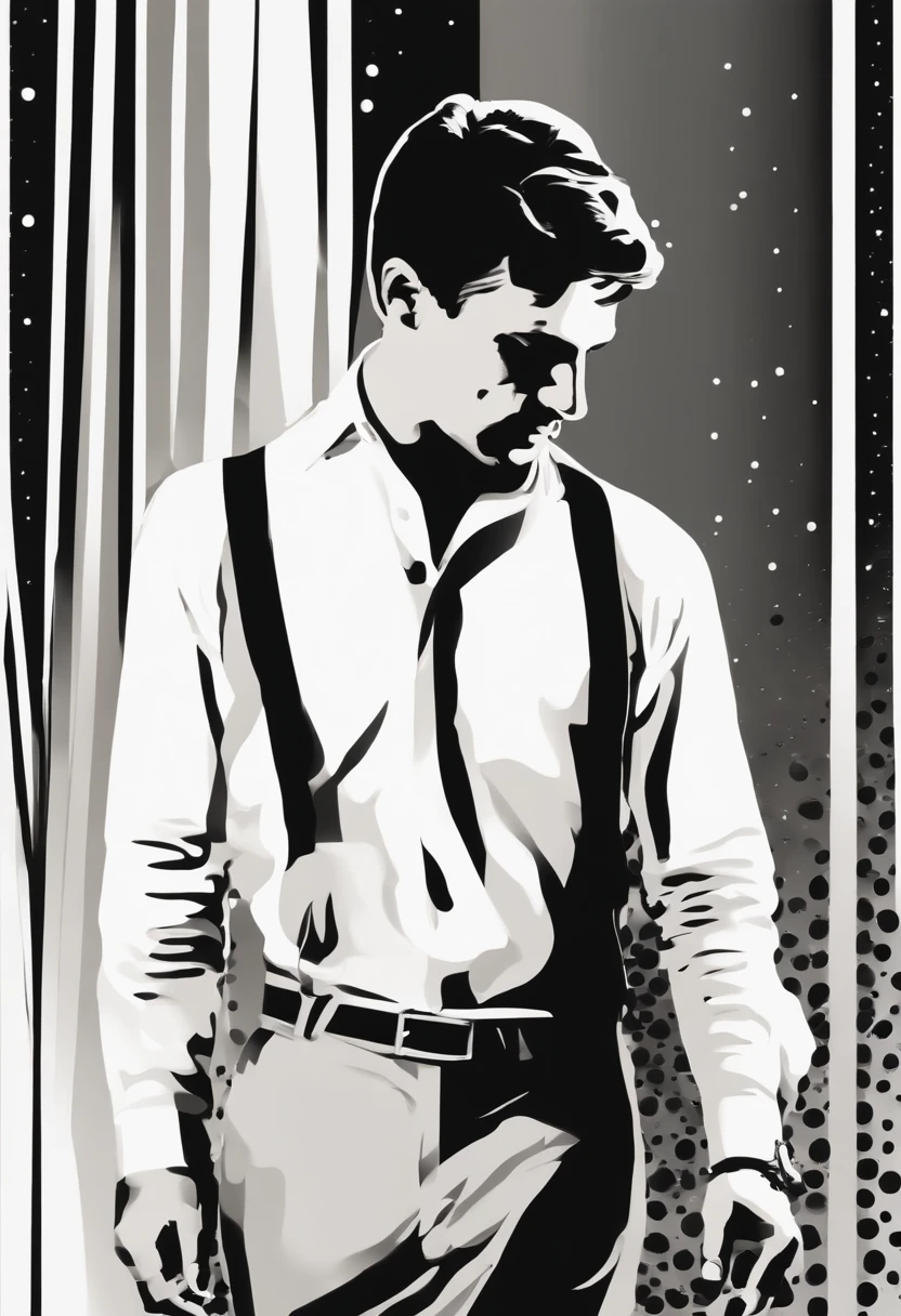 Alafed image of a man in a white shirt and black pants, Halftone effect, half tone, stylized silhouette, drawn with photoshop, black and white vector art, Posterized, Halftone print, vectorized, detailed silhouette, vectorized, single silhouette figure, created in adobe illustrator, computer generated, drawn with dots