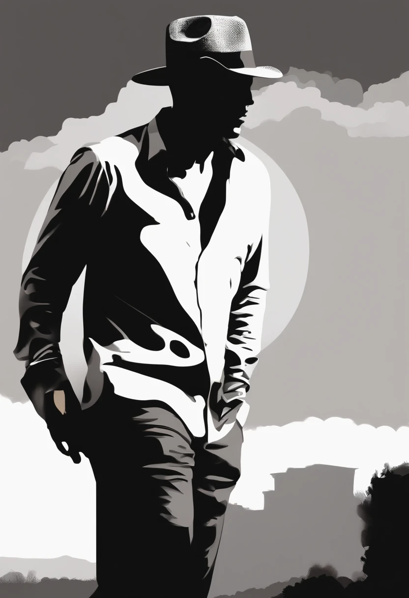 Alafed image of a man in a white shirt and black pants, Halftone effect, half tone, stylized silhouette, drawn with photoshop, black and white vector art, Posterized, Halftone print, vectorized, detailed silhouette, vectorized, single silhouette figure, created in adobe illustrator, computer generated, drawn with dots