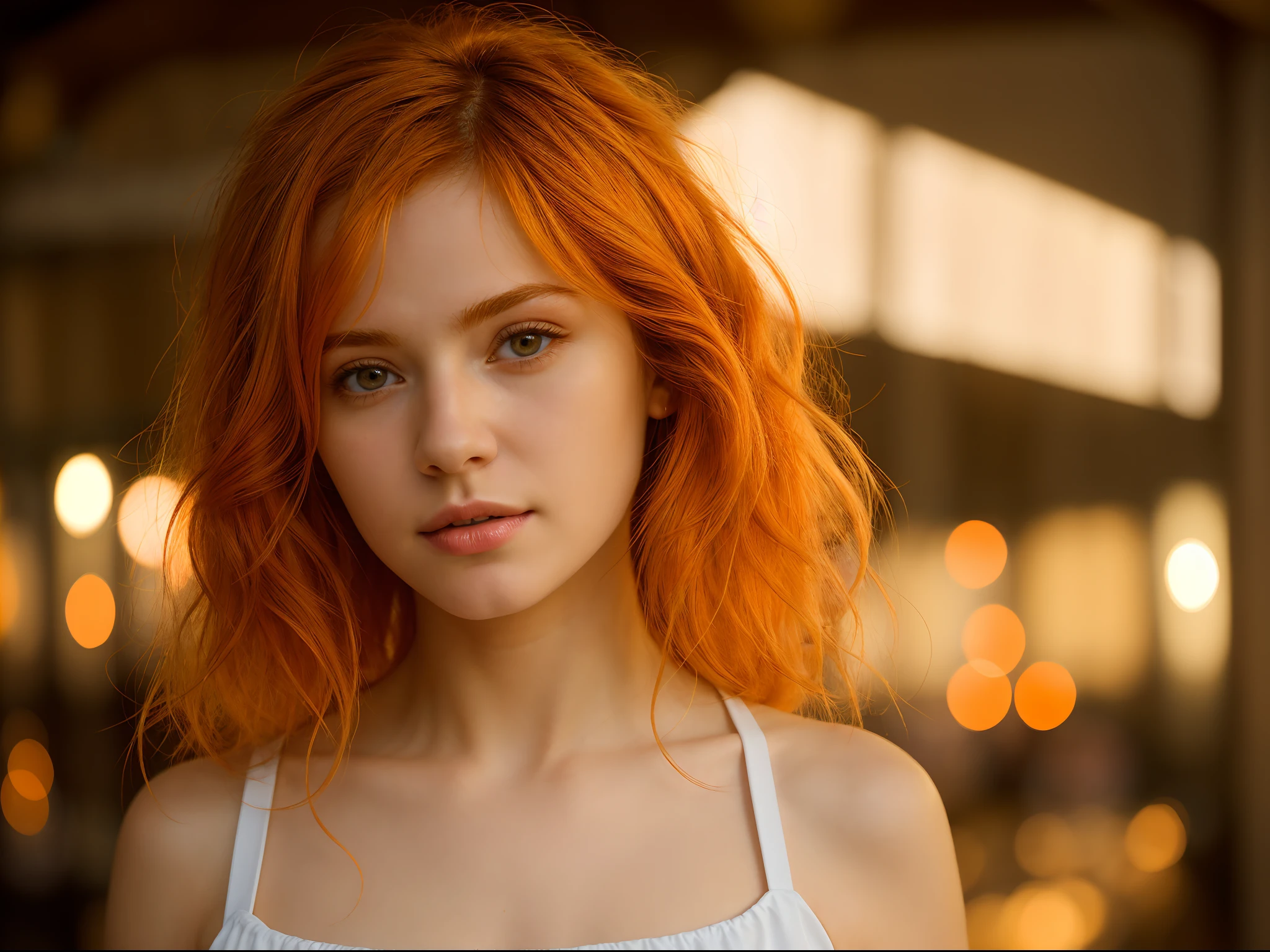 (((masterpiece))), girl 22 year old) (((Caucasian))) french girl with shoulder length messy hair, she is petite, best quality, illustration, 4K wallpaper, cinematic light, Absurdres, protrait of 1girl, orange crystal hair, glow hair, bloom hair, clothing princess, looking front