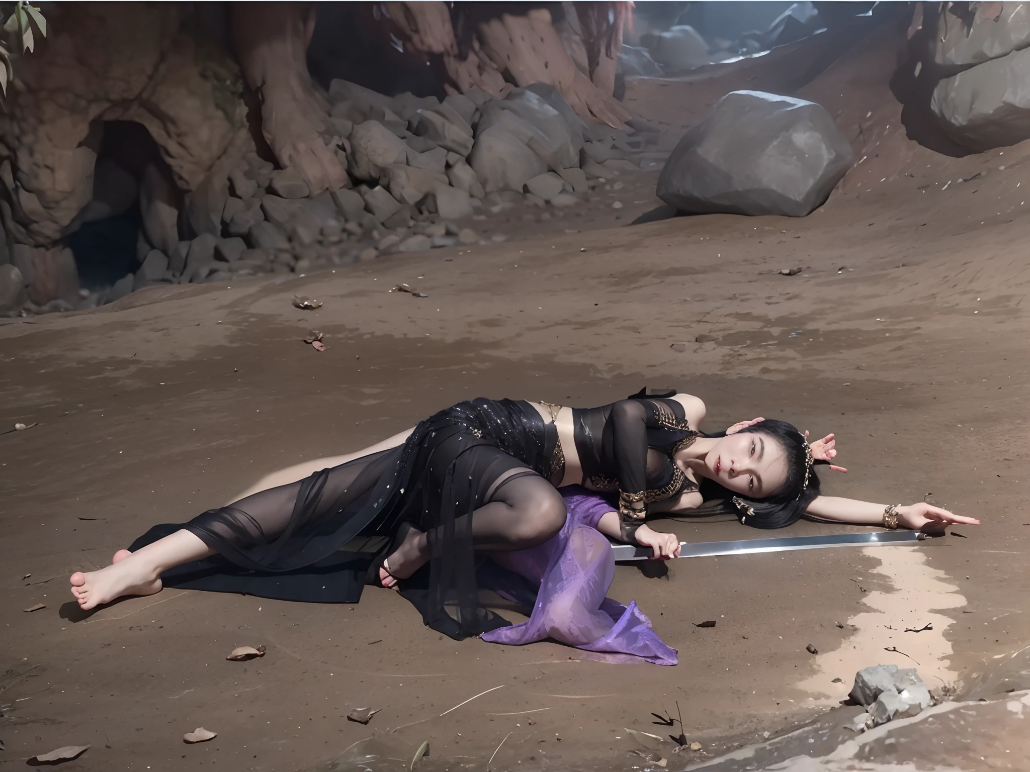 There is a slain Asian succubus lying on the ground with a sword, Wearing a black belly dance costume,She lay on her side, fantasy movie still, Dead succubi, With his eyes closed, Li Tang hairstyle,full-body wuxia, Big chest,cropped shoulders,open waist,Bare chest,show legs,heavy makeups,Enchanting seduction。Journey,long fingernails,lying on the ground, movie screencap,Lie outside the cave, full-body xianxia,!!!!