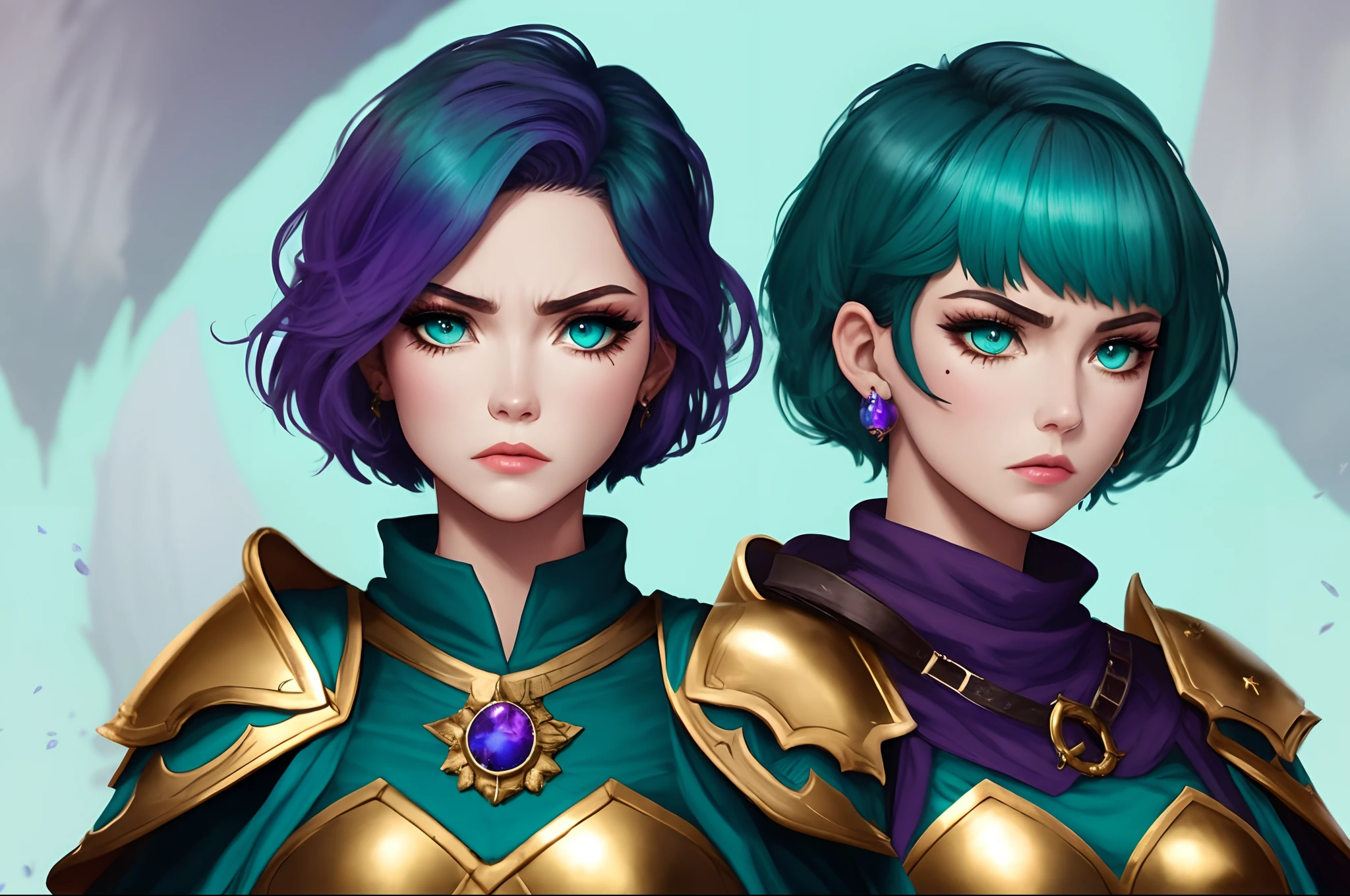 Aquatic teal triton woman with milky eyes and a wound over one side of her face. Her hair is aqua and worn short in a pixie cut. She has on lavender scalemail armor and a dark purple cloak fastened with a gold plate on her chest. She is angry and violent