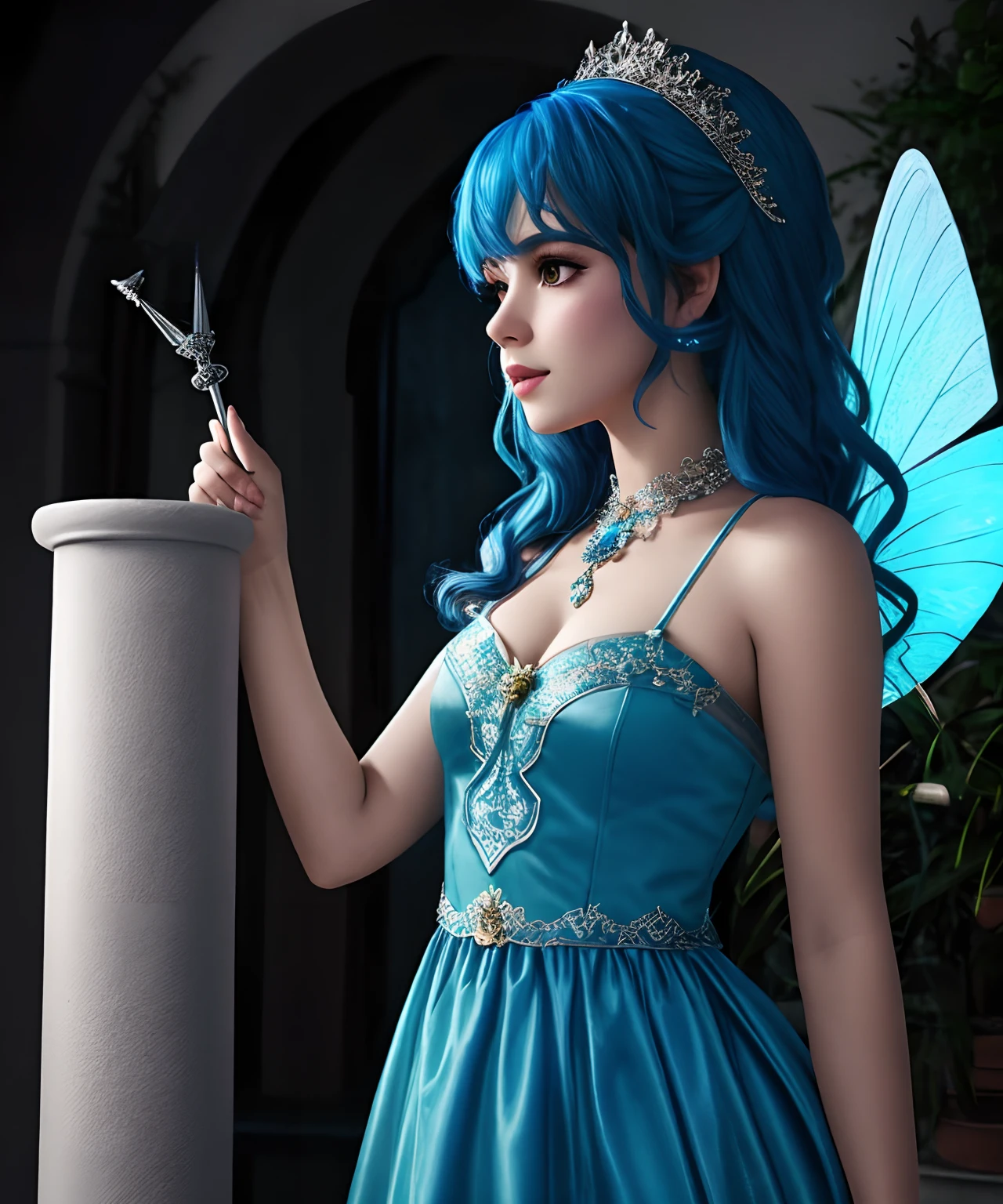crie um desenho inspirado na personagem Sofia Monad do jogo Lies Of P, Sofia is a blue-haired fairy who helps the protagonist Pinocchio become more human. She's got a white dress and a magic wand, e pode voar pelo ar,4k,Detalhes altos,majestoso,Ultra realismo, detalhes alto, RTX