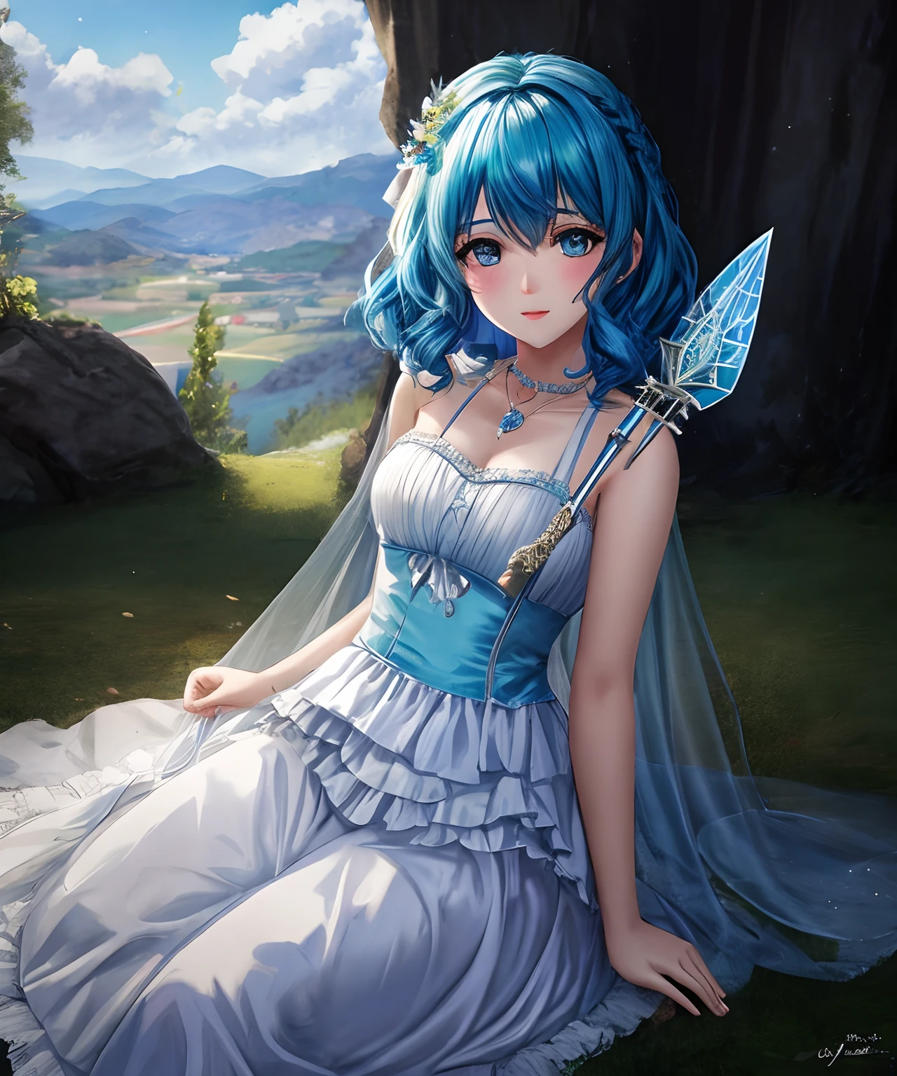 crie um desenho inspirado na personagem Sofia Monad  do jogo Lies Of P, Sofia is a blue-haired fairy who helps the protagonist Pinocchio become more human. She's got a white dress and a magic wand, e pode voar pelo ar,4k,detalhes altos,majestoso,Ultra realismo, detalhes alto, RTX