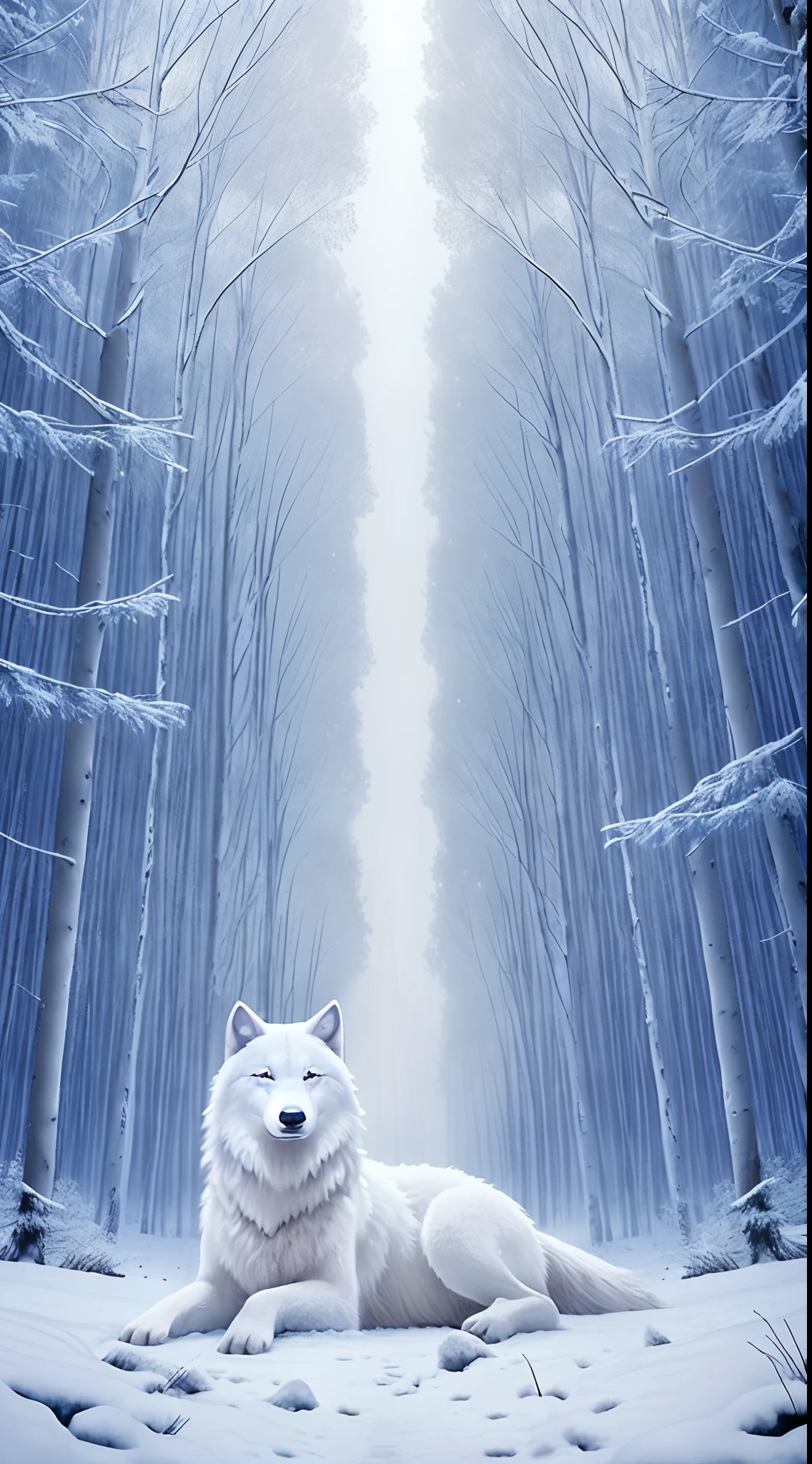 The most beautiful and enchanted wolf spirit, white fur, glowing blue eyes, in the most beautiful enchanted forest, highly detailed, perfect masterpiece, high quality, high resolution, one white wolf