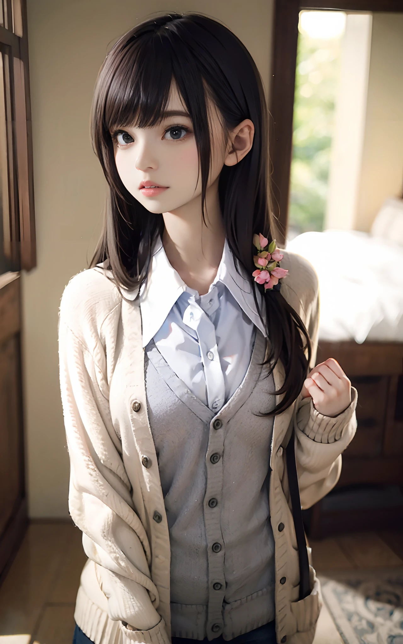 ((white background)), Photo of a cute high school girl, school portrait, best quality, subject in the center, upper body only, navy blue cardigan, white long-sleeved oxford shirt,