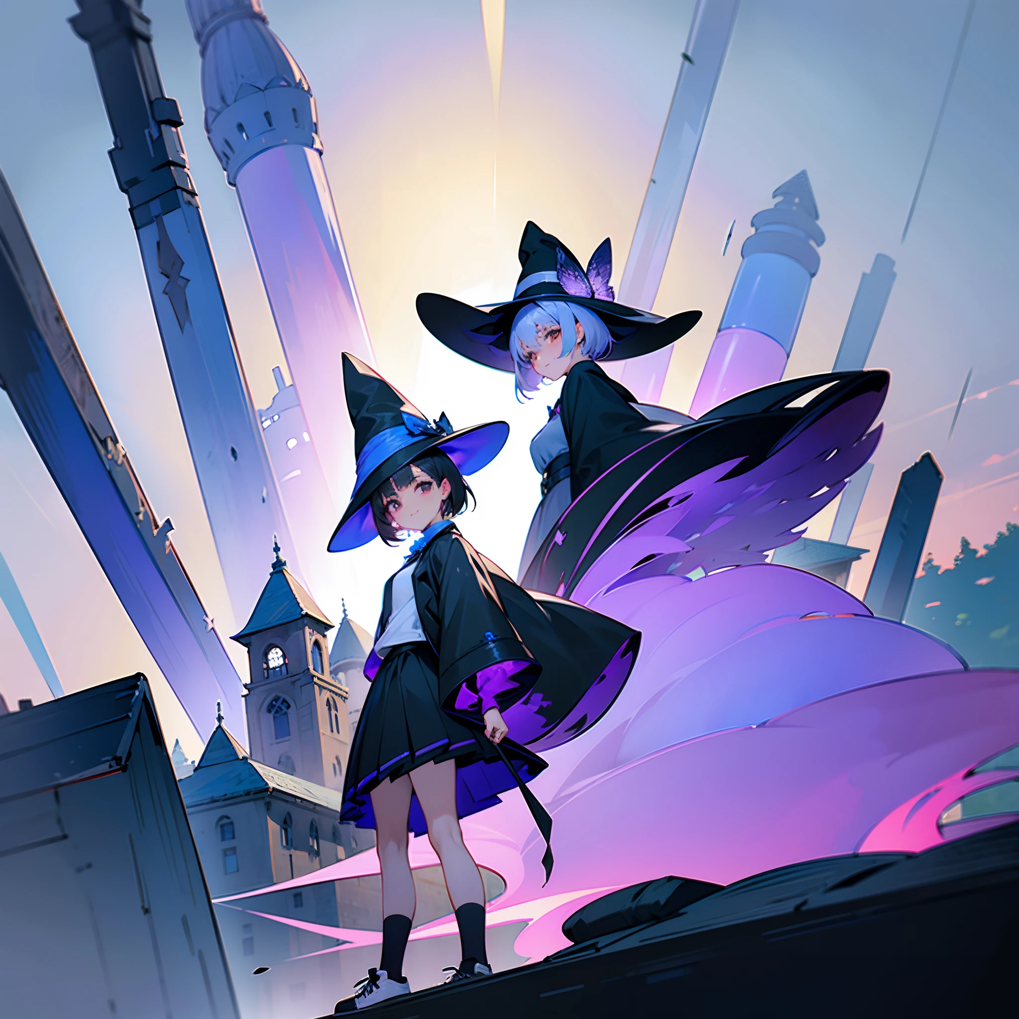 A mystical otherworldly half-timber town、Standing Girl、Black coat、white t-shirt、a black skirt、beautiful thigh、Beautiful calves、White short hair with blue-purple mesh、Looking at me with a smile、Black sneakers with white shoelaces、Large witch hat with sapphire accessories、Dark brown eyes with highlights、On a hilltop with a panoramic view of the town、A large castle in historic Germany、hiquality、high-level image quality、