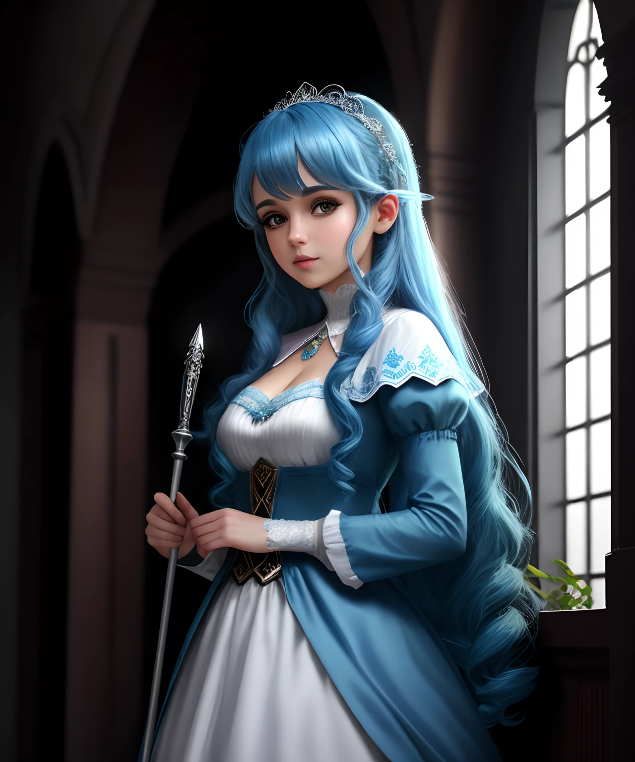 crie um desenho inspirado na personagem Sofia Monad do jogo Lies Of P, Sofia is a blue-haired fairy who helps the protagonist Pinocchio become more human. She's got a white dress and a magic wand, e pode voar pelo ar,4k,detalhes altos,majestoso,Ultra realismo, detalhes alto, RTX
