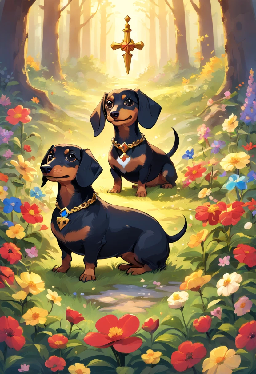 Dachshund, black and cream long haired, red short haired, tricolored pembroke welsh corgi, two fawn and black pugs, german rotweiler,