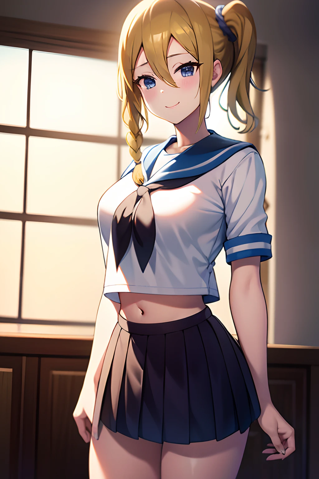 Ai Hayasaka, young girl, Smiling, blonde woman, Her hair is braided into a single ponytail on the side, in the form of Sailor Fuku, in a skirt, White matro shirt with short sleeves, bellybutton, frontal view, Masterpiece quality, beste-Qualit