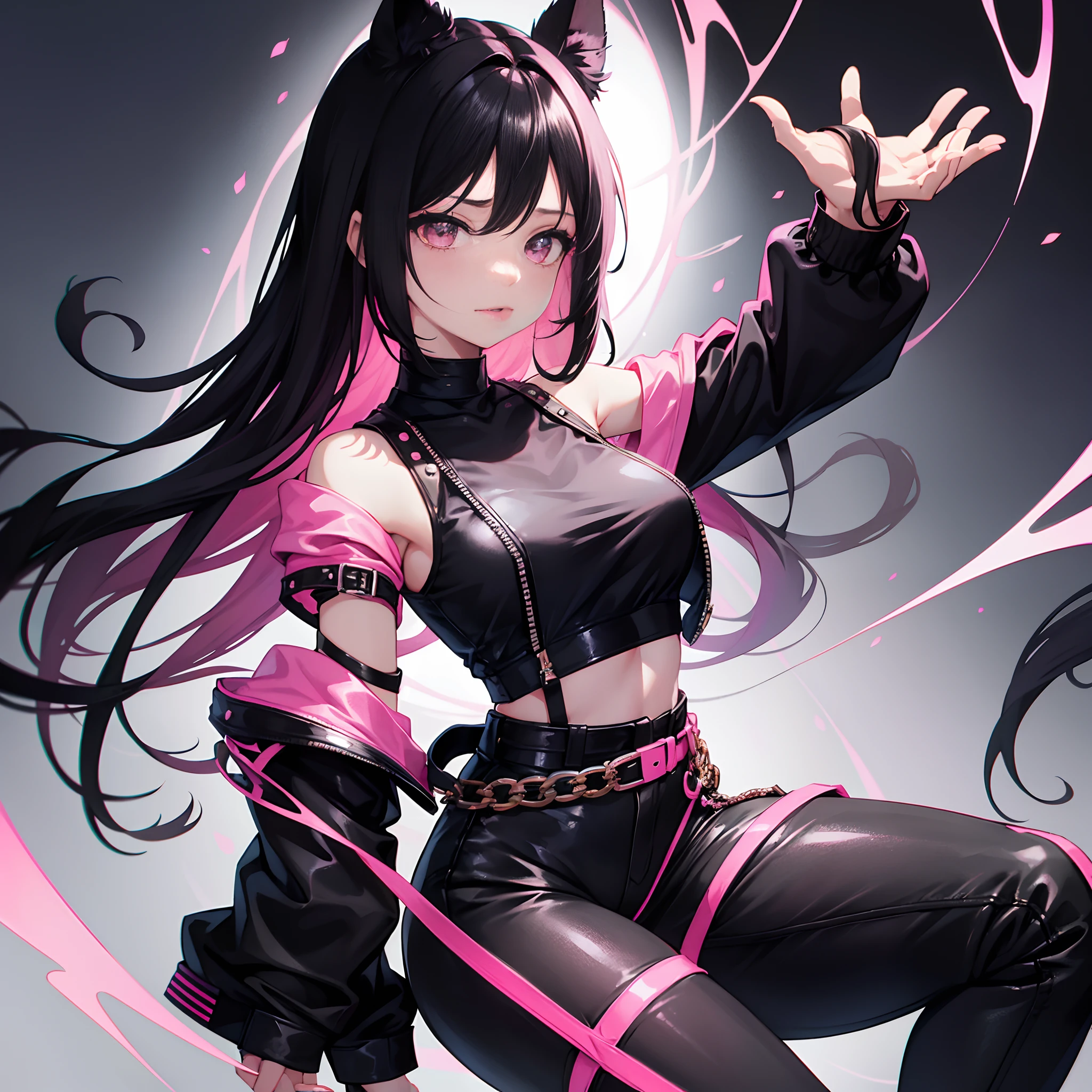 1 girl,tall, black hair with pink highlights,pink eyes,black crop top,black tight like pants with jewels as decoration on the sides,black and pink boots,a black crop jacket