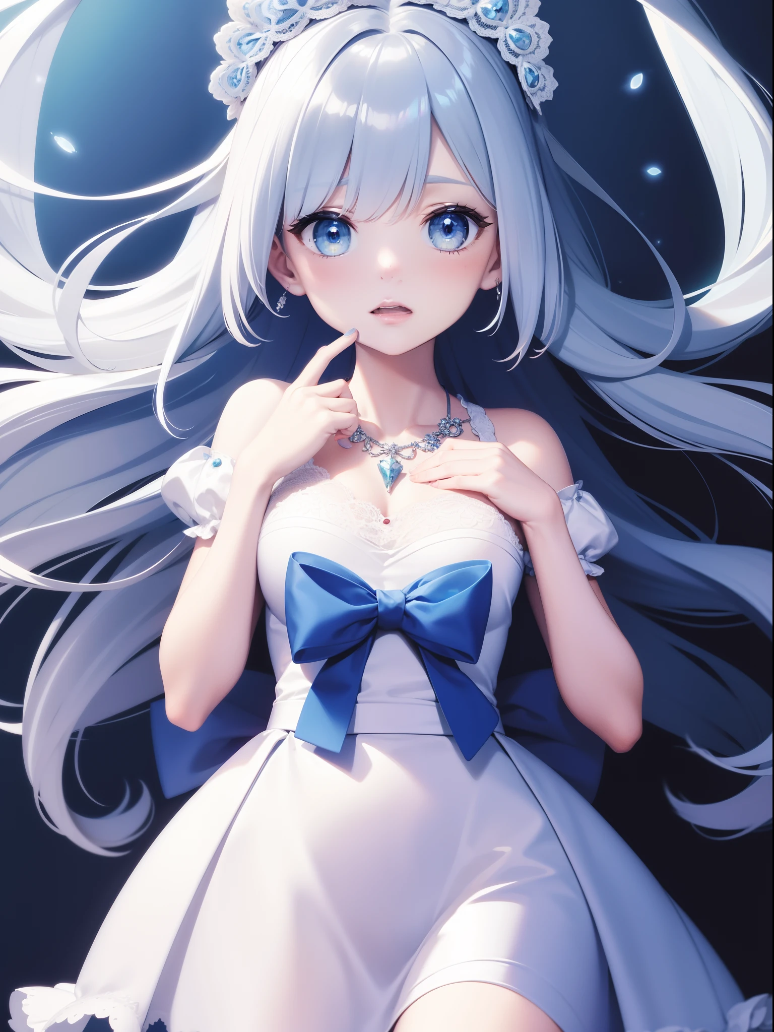 shopping in caddy shop, masterpiece, best quality, ultra-detailed, illustration, 1girl, solo, close-up, ((surprised)), (glowing blue_eyes:1.3), blush, eyebrows_visible_through_hair, long_hair, hair_ribbon, ribbon, frills, lace, white_dress, cute, soft_shading, watercolor, pastel_colors, flower, petals, bokeh, (big sized accessory on hair:1.3), necklace,