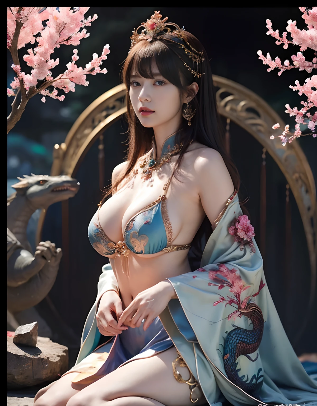 top-quality、​masterpiece、超A high resolution、（Blue Dragon Armor）、(((Colossal tits))),Blue Dragon Armor、(Wearing a beautiful crown made of jewels),(Photorealsitic:1.4)、Raw photo、1人、((((Handsome hair))))、((Floral hair ornament))),glowy skin、(((Japan Dragon)))、（Gorgeous Jewelry Necklaces）、Natural remains、（Mystical expression）、（Full Body Angle）、（Fight big dragons）、With a beautiful knife、(((Mansuji))),（Pink Metal Bikini）、(beautiful forest background)、(((Precipitous cliffs)))、(Castle background)、((super realistic details))、portlate、globalillumination、（sexypose）、Shadow、octan render、（One-Eyed Scouter）、8K、ultrasharp、Colossal tits、Raw skin is exposed in cleavage、metals、Details of complex ornaments、Japan details、highly intricate detail、Realistic light、CGSoation Trends、Blue eyes、radiant eyes、Facing the camera、Precipitous cliffs、Toostock、（Full Body Angle）、（veils）、(((Heavy Big))),「listener」toView[Sutoru、nffsw、