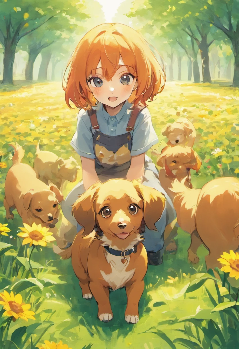 One black and cream long haired dachshund, one red short haired dachshund, one tricolored pembroke welsh corgi, two fawn pugs, one german rotweiler, puppy play date, outside, sunny day, flower fields, grass