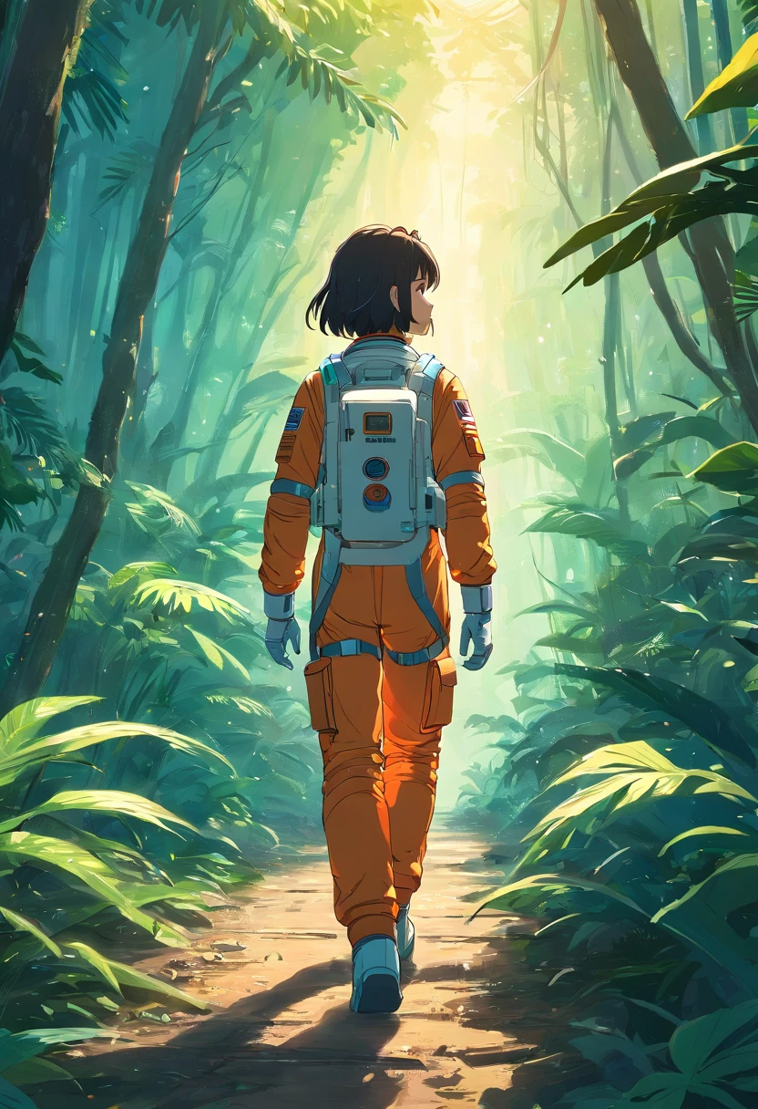 Astronaut walking in the jungle, Sony A7R, 50mm Lens, Morning Glow, 8K