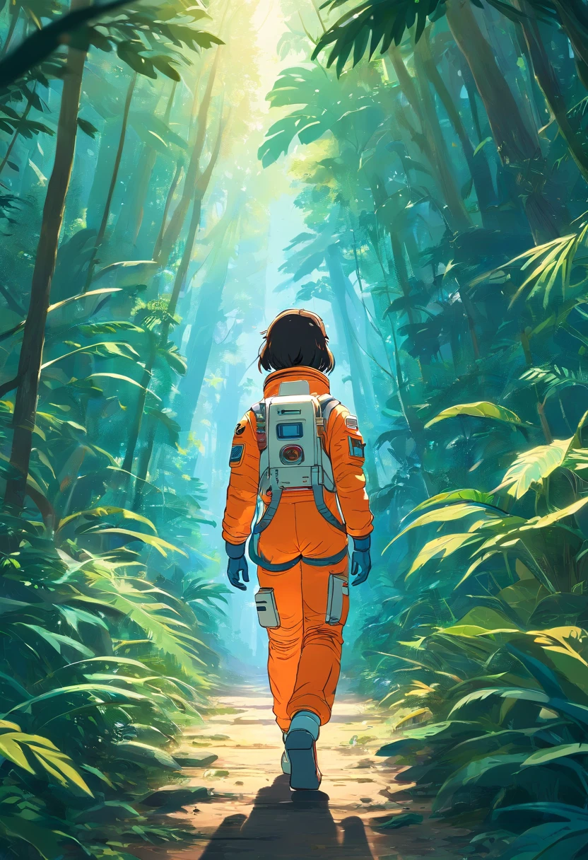 Astronaut walking in the jungle, Sony A7R, 50mm Lens, Morning Glow, 8K
