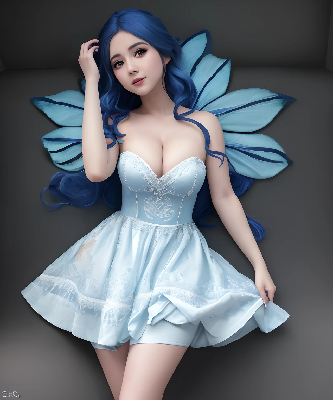 crie um desenho inspirado na personagem Sofia Monad do jogo Lies Of P, Sofia is a blue-haired fairy who helps the protagonist Pinocchio become more human. She's got a white dress and a magic wand, e pode voar pelo ar,4k,detalhes altos,majestoso,Ultra realismo, detalhes alto, RTX,peitos grandes,bunda grande,realistic hands,curvilinear, suada,gostosa,vestido branco,Neck length hair