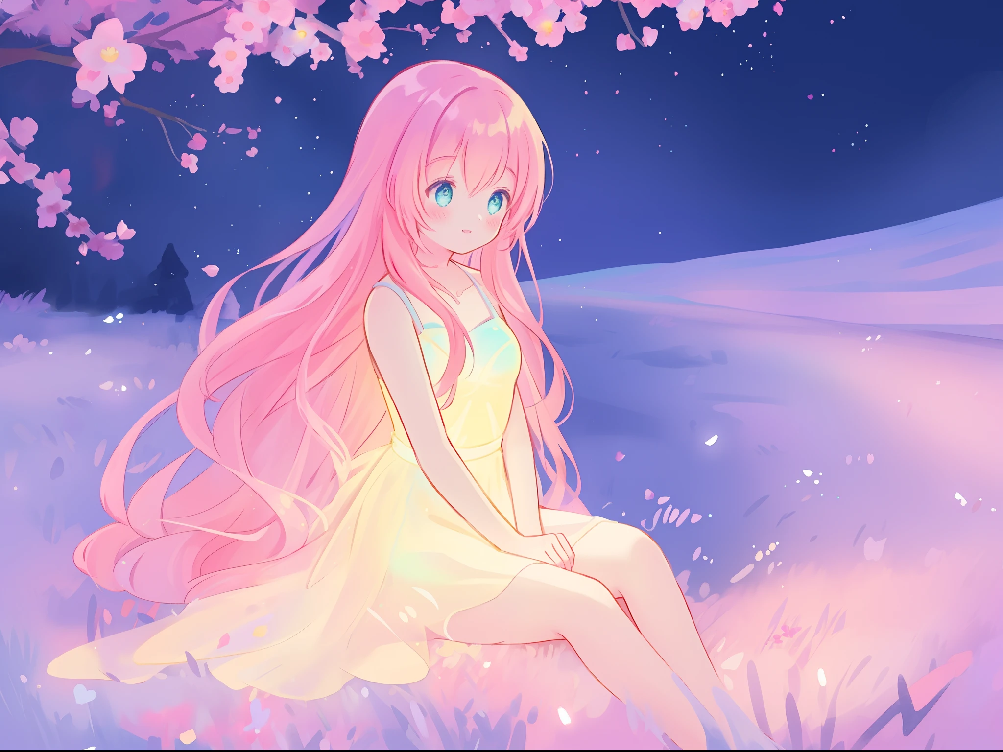 beautiful girl in gradient colorful dress, yellow pink purple fairy dress, beautiful girl sitting in a field with pink red flowers, puffy pink flowers, glowing lights, whimsical landscape, long dark blue flowing hair, watercolor illustration, inspired by Glen Keane, inspired by Lois van Baarle, disney art style, by Lois van Baarle, glowing aura around her, by Glen Keane, jen bartel, glowing lights! digital painting, flowing glowing hair, glowing flowing hair, beautiful digital illustration, fantasia otherworldly landscape plants flowers, beautiful, masterpiece, best quality, anime disney style