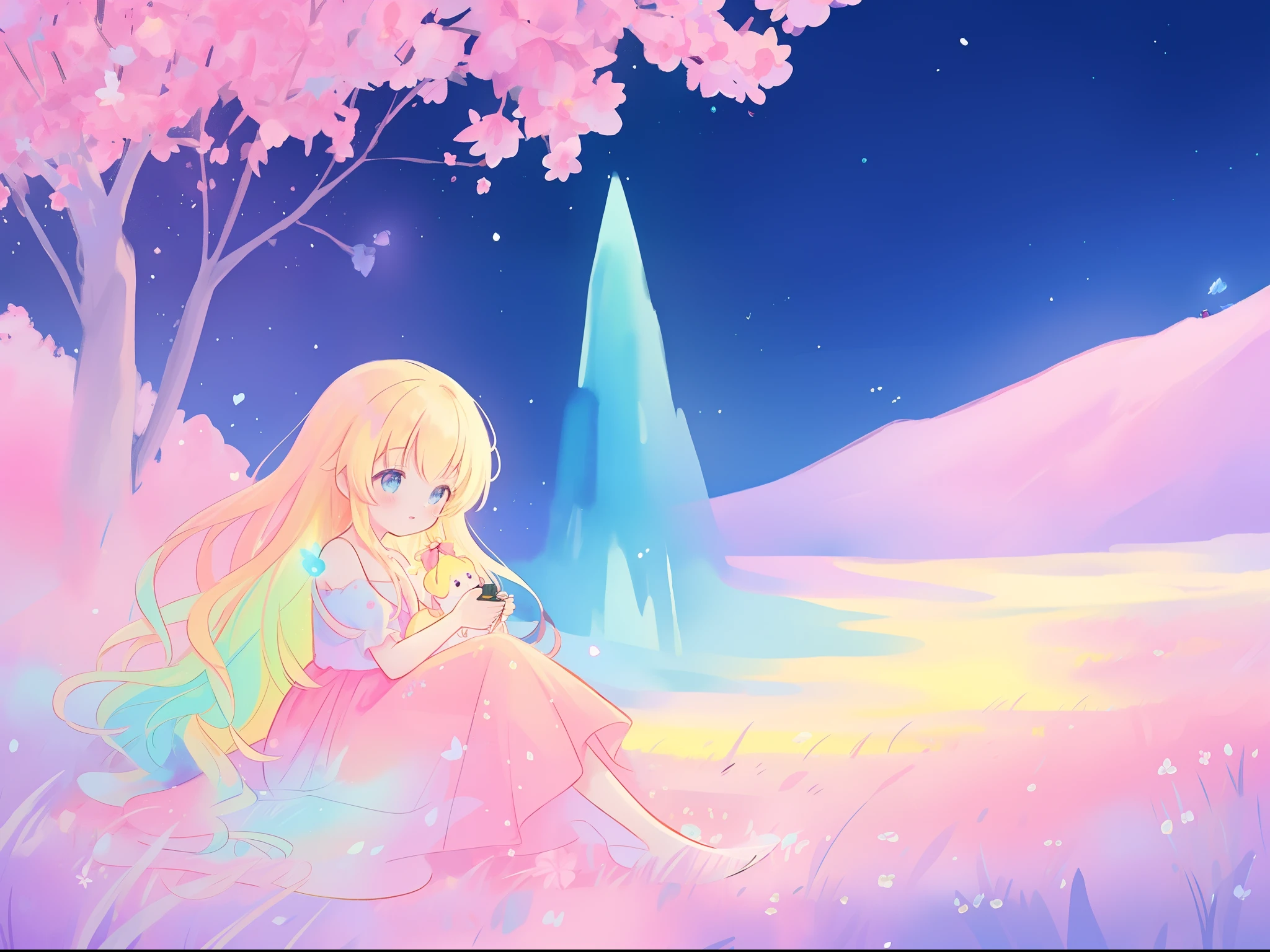 beautiful girl in gradient colorful dress, yellow pink purple fairy dress, beautiful girl sitting in a field with pink red flowers, puffy pink flowers, glowing lights, whimsical landscape, long dark blue flowing hair, watercolor illustration, inspired by Glen Keane, inspired by Lois van Baarle, disney art style, by Lois van Baarle, glowing aura around her, by Glen Keane, jen bartel, glowing lights! digital painting, flowing glowing hair, glowing flowing hair, beautiful digital illustration, fantasia otherworldly landscape plants flowers, beautiful, masterpiece, best quality, anime disney style