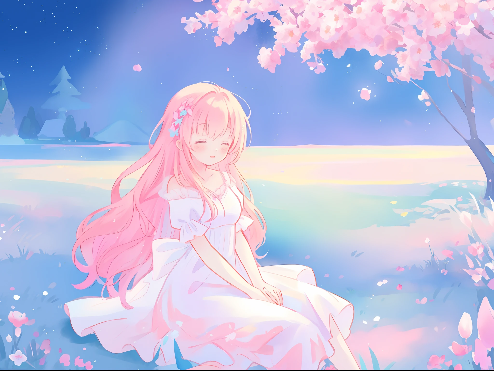 beautiful girl in white dress, fairy dress, beautiful girl sitting in a field with pink red flowers, glowing lights, whimsical landscape, long pink flowing hair, watercolor illustration, inspired by Glen Keane, inspired by Lois van Baarle, disney art style, by Lois van Baarle, glowing aura around her, by Glen Keane, jen bartel, glowing lights! digital painting, flowing glowing hair, glowing flowing hair, beautiful digital illustration, fantasia otherworldly landscape plants flowers, beautiful, masterpiece, best quality, anime disney style
