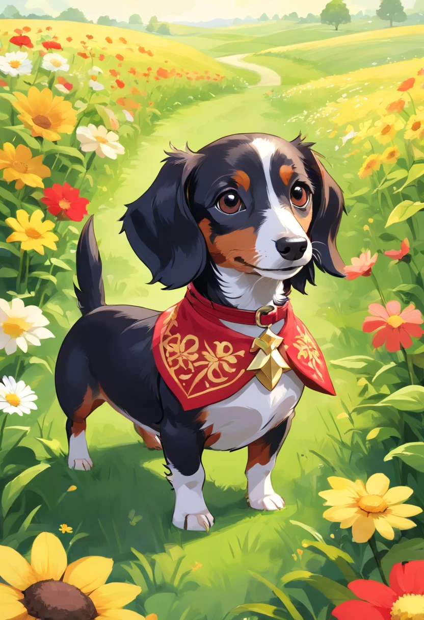 One black and cream long haired dachshund, one red short haired dachshund, one tricolored pembroke welsh corgi, two fawn pugs, one german rotweiler, puppy play date, outside, sunny day, flower fields, grass