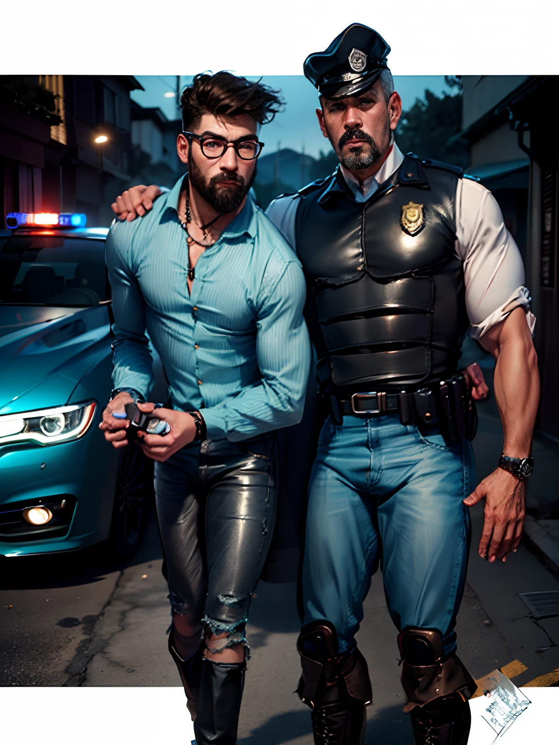 masterpiece, high quality images, high detailed images, perfect faces, high detailed faces, desenho realista de um homem de cabelos grisalhos, cavanhaque grisalho, wearing round glasses, pele caucasiana, usando camisa de seda branca, blue jeans, botas de couro marrom, algemado, com algemas, estilo, design de personagens, policial de uniforme azul e branco, colete azul, blue pants, camisa branca, botas de couro preto, coldre preto na cintura, police sketch, design de personagens policial homem, Police car with lights on in the background. Preso, desenhado em um estilo neo - noir, (inktober), comic realistic drawing, Directed by: Byron Galvez, Fantastic Art, 8k