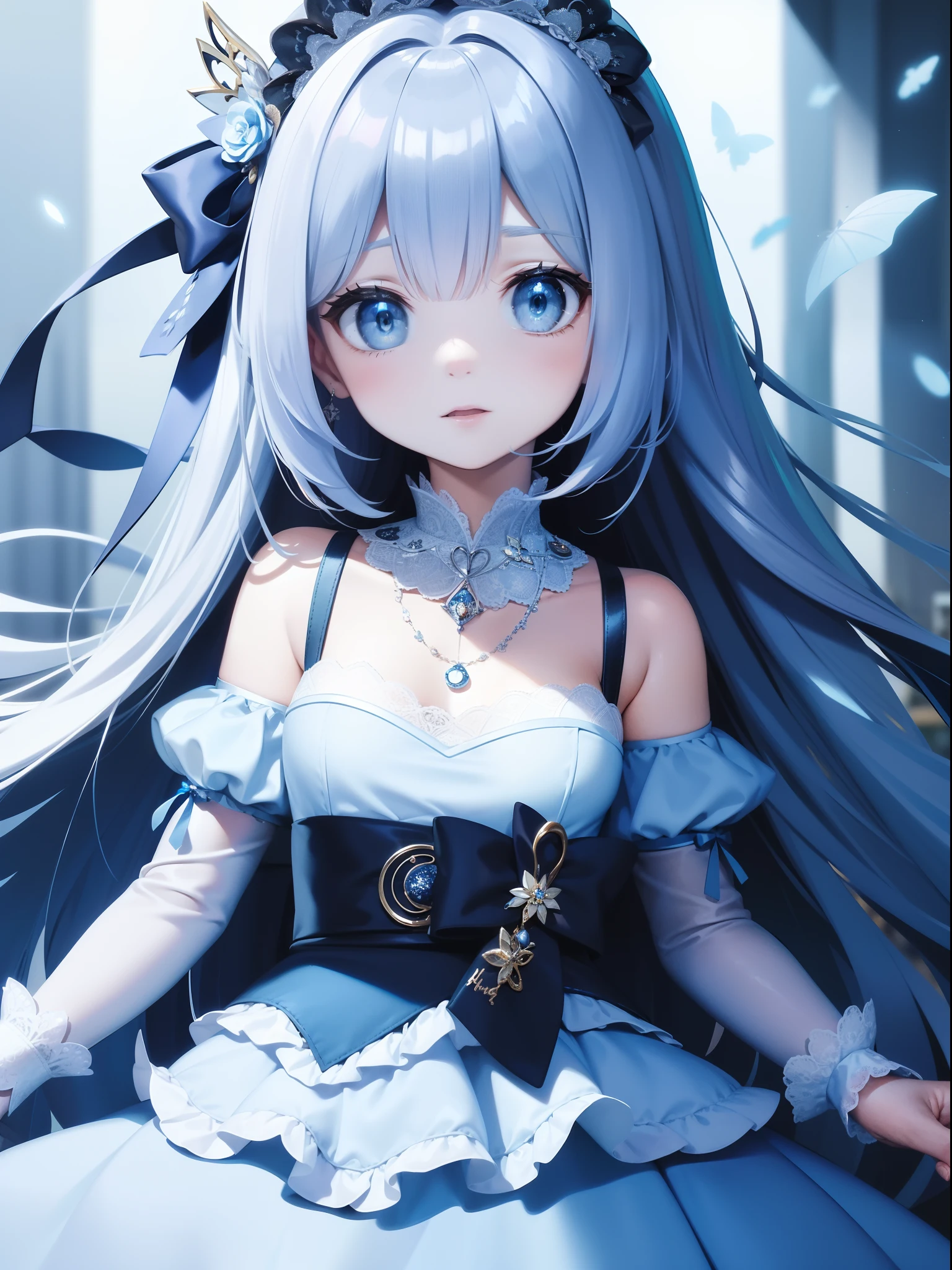 shopping in caddy shop, masterpiece, best quality, ultra-detailed, illustration, 1girl, solo, close-up, ((surprised)), (glowing blue_eyes:1.3), open_mouth, blush, eyebrows_visible_through_hair, long_hair, hair_ribbon, ribbon, frills, lace, white_dress, cute, soft_shading, watercolor, pastel_colors, flower, petals, bokeh, (big sized accessory on hair:1.3), necklace,