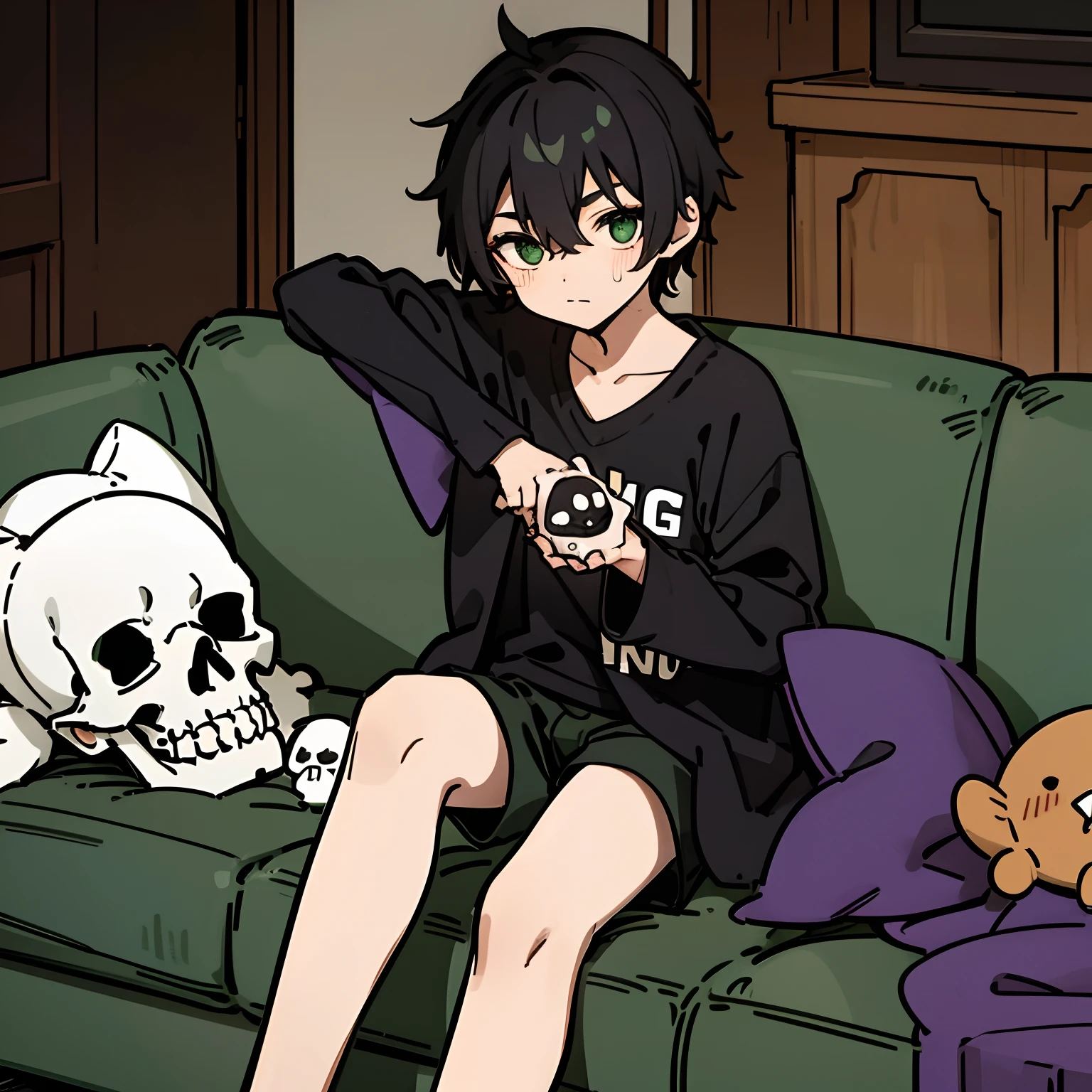 Messy black haired boy in a black skull outfit and green shorts sitting on a couch thinking