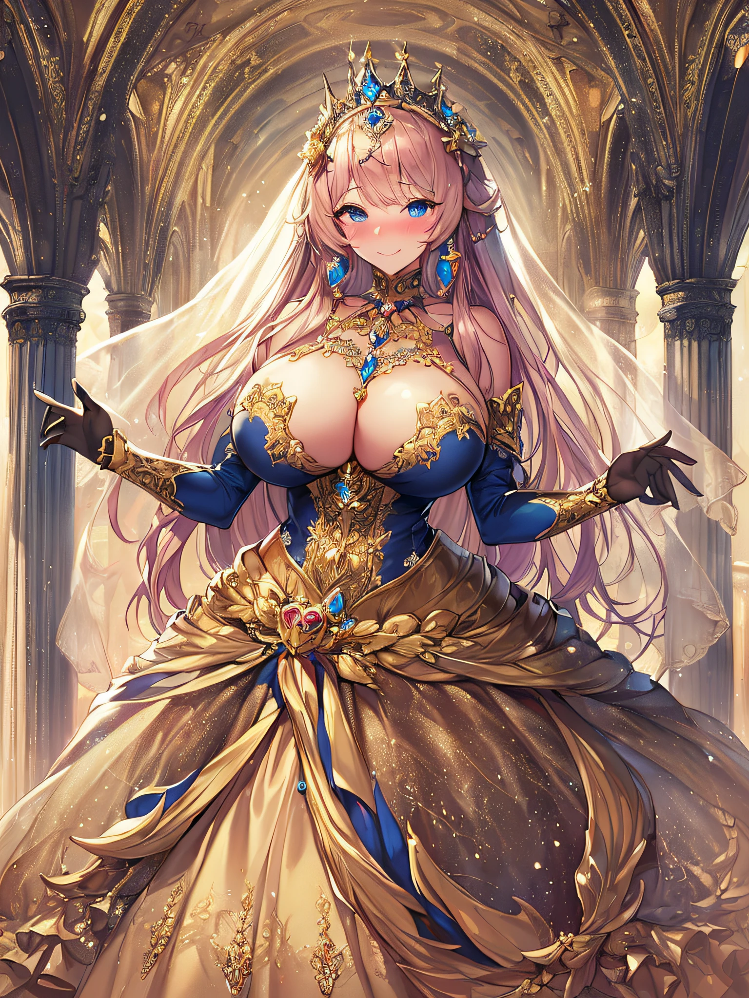 ((Anime Art Style)),(masutepiece),(Best Quality), (Super Detail),((Very delicate and beautiful)),((Full body portrait)),((Stand in the garden)),((Solo)),(((One princess in very gorgeous princess Rococo ballgown with voluminous full length hoop skirt))),(enormous Crinoline Hoop Skirt),Long Train,Gorgeous embroidery and jewelry,(((very very gigantic boobs,Skindentation))),((large amount of straight hair,extremely voluminous Hair,Very Long Straight Hair)),(finely detailed face and eyes),((Seductive smile,embarrassed)),(extremely gorgeousfull hair ornament,very gorgeous tiara adorned with bling-bling jewels),Glitter Gorgeous Gemstone Jewelry,Gorgeous Long Veil,(opera gloves),(Beautiful background),(Full body),((gorgeous princess Rococo ballgown with voluminous full length hoop skirt)),