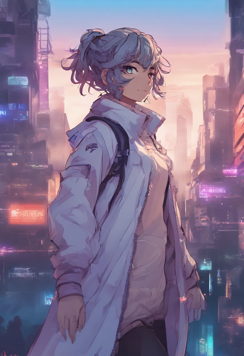Masterpiece, Best picture quality, Extreme vividness, Anime girl with curly ponytail, petite figure, white functional coat, small, blue-purple gradient ski goggles, cyberpunk, gray hair, natural casual style, dynamic stance, golden section, portrait with large aperture, cool tones, strong visual impact, white space, light and shadow contrast, super texture, sunset afterglow, super clear picture, simple picture
