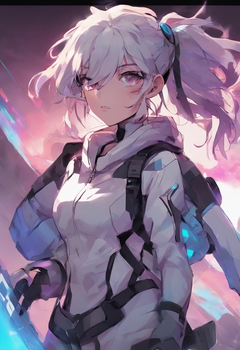 Masterpiece, Best picture quality, Extreme vividness, Anime girl with curly ponytail, petite figure, white functional coat, small, blue-purple gradient ski goggles, cyberpunk, gray hair, natural casual style, dynamic stance, golden section, portrait with large aperture, cool tones, strong visual impact, white space, light and shadow contrast, super texture, sunset afterglow, super clear picture, simple picture