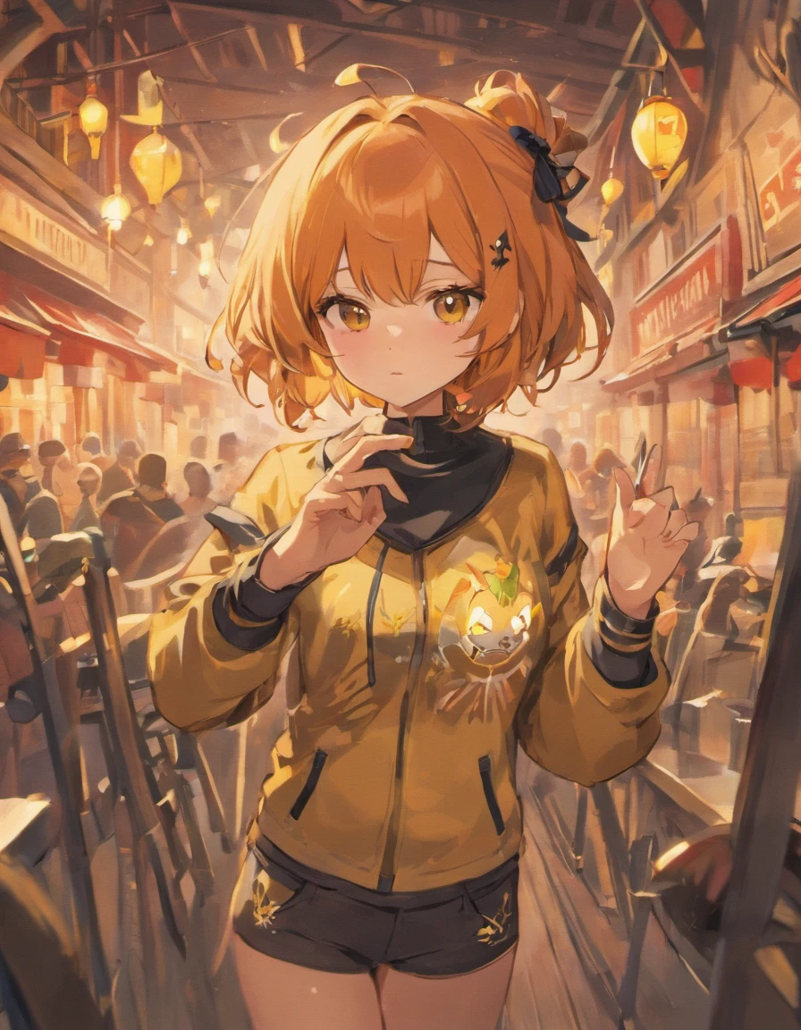 Anime girl in a yellow jacket standing in a crowded area - SeaArt AI