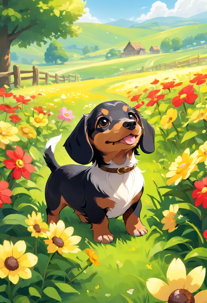 One black and cream long haired dachshund puppy, one red short haired dachshund puppy, one tricolored pembroke welsh Corgi puppy, two fawn pug puppies, one german rotweiler adult, puppy play date, outside, sunny day, flower fields, grass