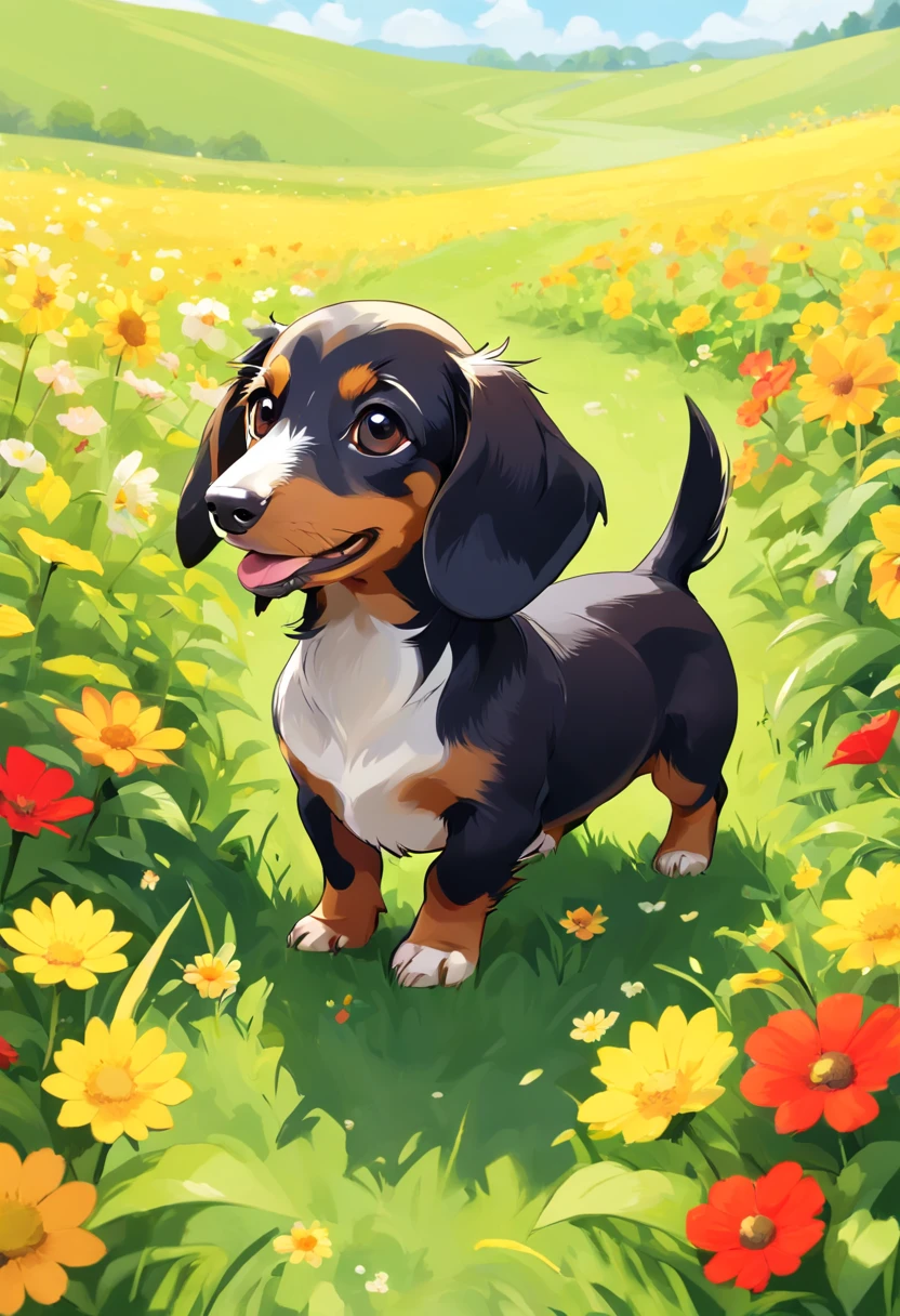 One black and cream long haired dachshund puppy, one red short haired dachshund puppy, one tricolored pembroke welsh Corgi puppy, two fawn pug puppies, one german rotweiler adult, puppy play date, outside, sunny day, flower fields, grass
