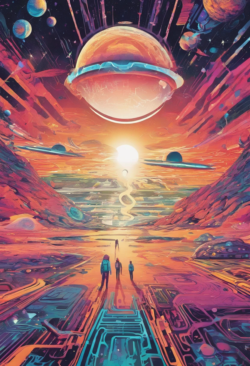 Detalhes do HD, close-up de um homem em um traje espacial, planetas em segundo plano, psychedelic cosmic horror, psychedelic illustration, outer space, crescimento vegetal, psychotic universe, Graphic art of background space, cosmic illustration, outer space, cosmic lsd poster art, dmt space behind, cena espacial, surreal space, cosmic style