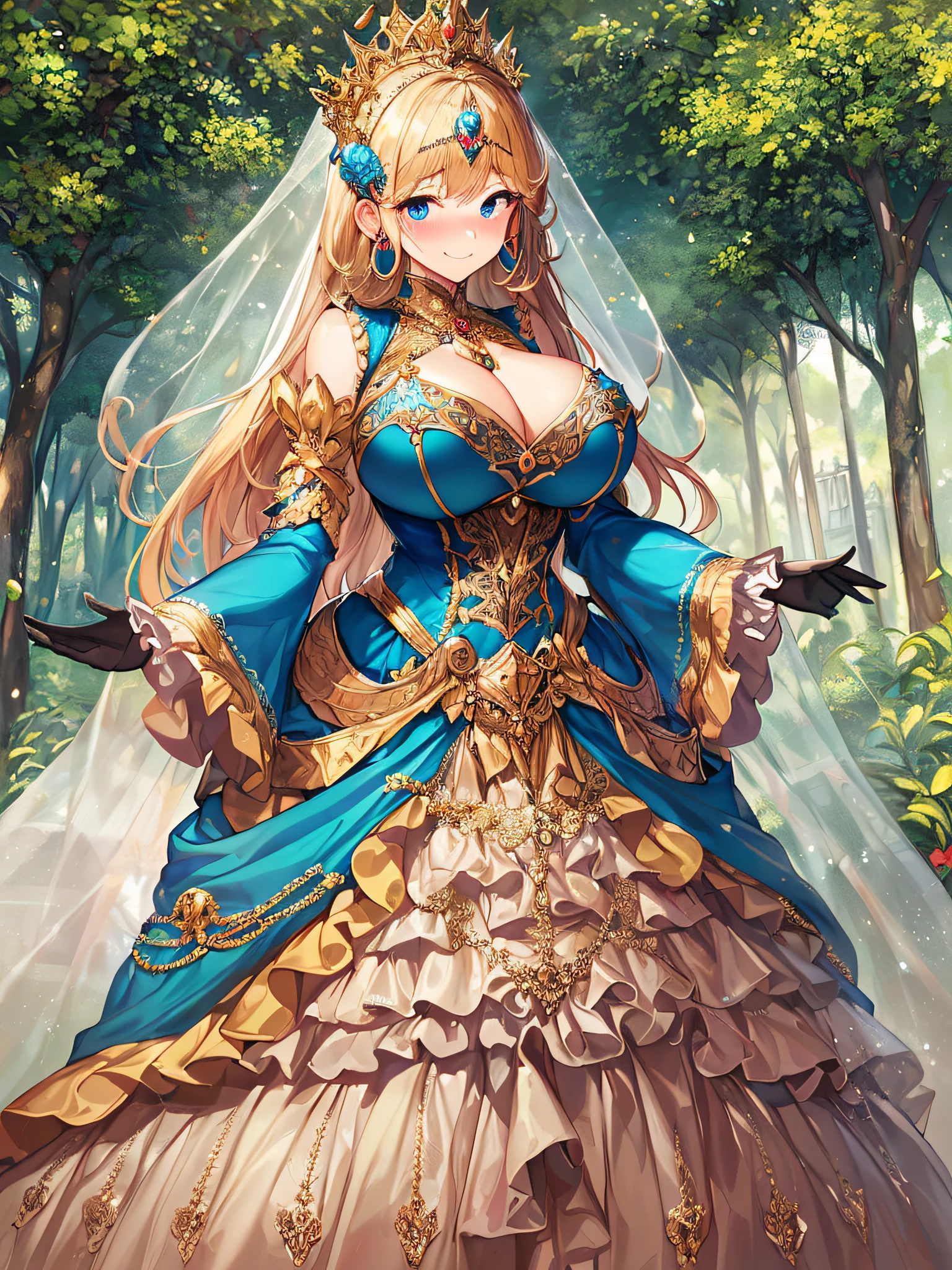 ((Anime Art Style)),(masutepiece),(Best Quality), (Super Detail),((Very delicate and beautiful)),((Full body portrait)),((Stand in the garden)),((Solo)),(((One princess in very gorgeous princess Rococo ballgown with voluminous full length hoop skirt))),(enormous Crinoline Hoop Skirt),Long Train,Gorgeous embroidery and jewelry,(((very very gigantic boobs,Skindentation))),((large amount of straight hair,extremely voluminous Hair,Very Long Straight Hair)),(finely detailed face and eyes),((Seductive smile,embarrassed)),(extremely gorgeousfull hair ornament,very gorgeous tiara adorned with bling-bling jewels),Glitter Gorgeous Gemstone Jewelry,Gorgeous Long Veil,(opera gloves),(Beautiful background),(Full body),((gorgeous princess Rococo ballgown with voluminous full length hoop skirt)),