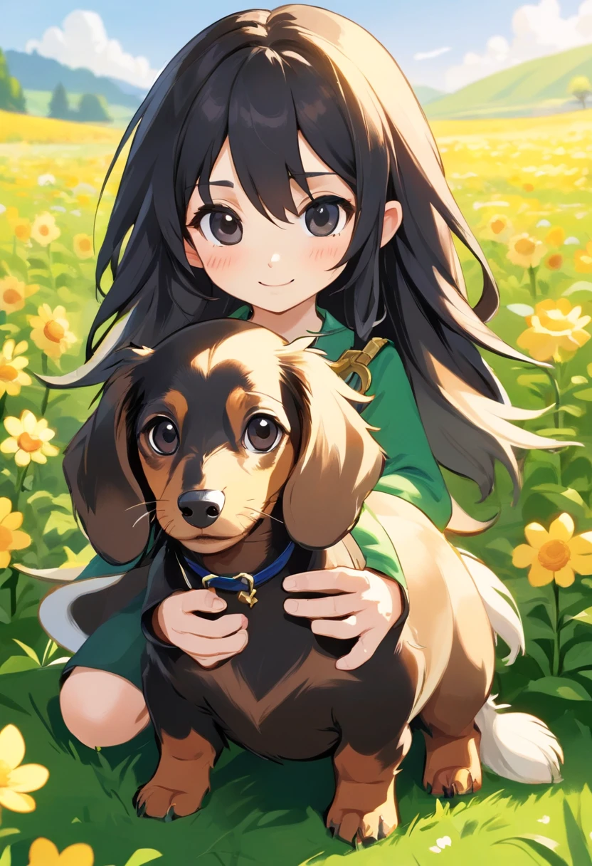 One black and cream long haired dachshund puppy, puppy play date, outside, sunny day, flower fields, grass