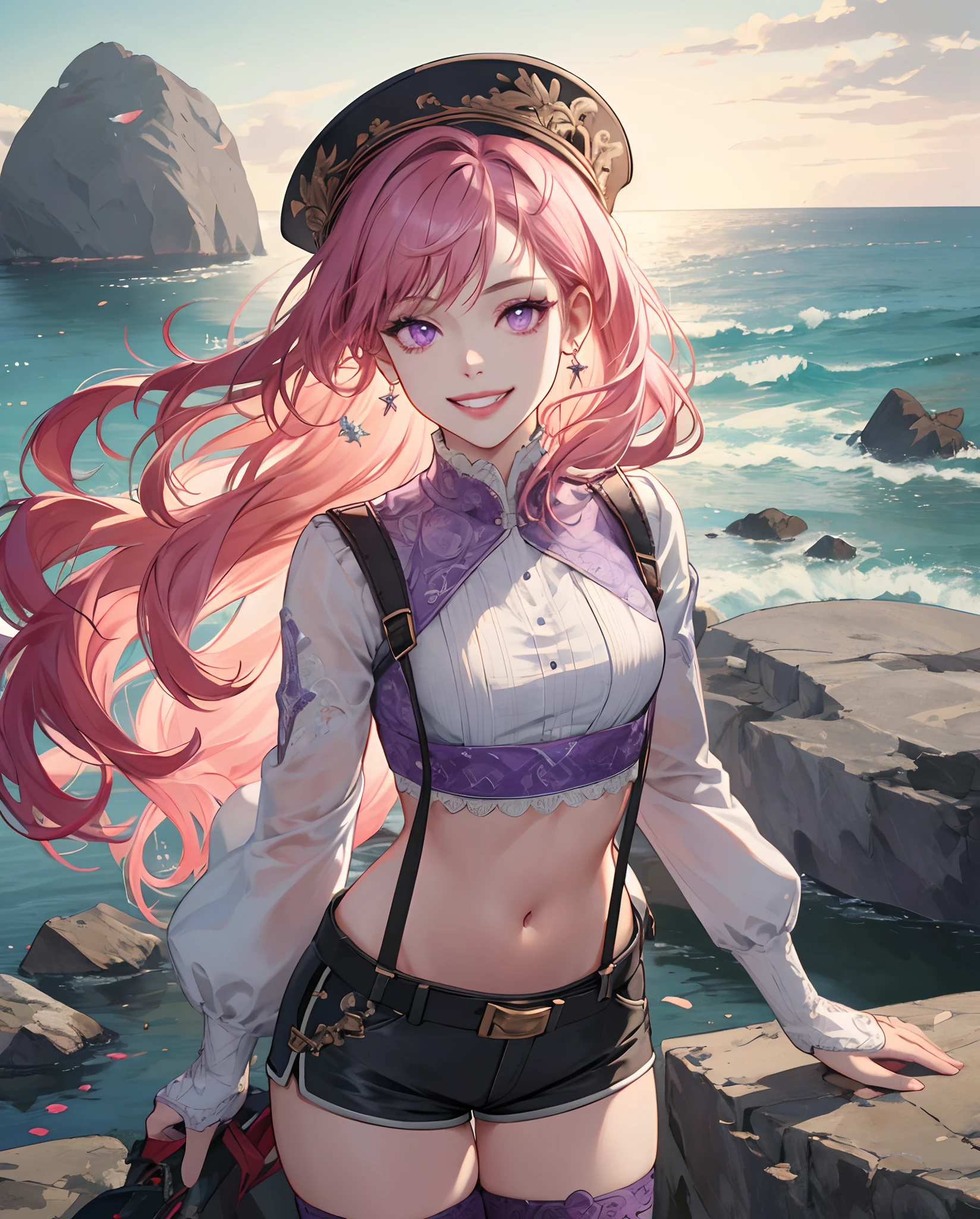 masterpiece, ((ultra detailed background, delicate pattern, intricate detail)), (highly detailed, fine details), best quality, beautiful lighting, (((medium breasts, slim girl, very slim girl))), (portrait), JewelryBonneyV2, 1girl, solo, long hair, pink hair, hat, ((slim girl, medium breasts, hyperdetailed lips)), red lips, (thighhighs, shorts, suspenders, boots, purple eyes), navel, smile, midriff, crop top, belt, grin, suspender shorts, complex detailed background, barren land, rocks, ocean, nature environment, <lora:JewelryBonneyV2: