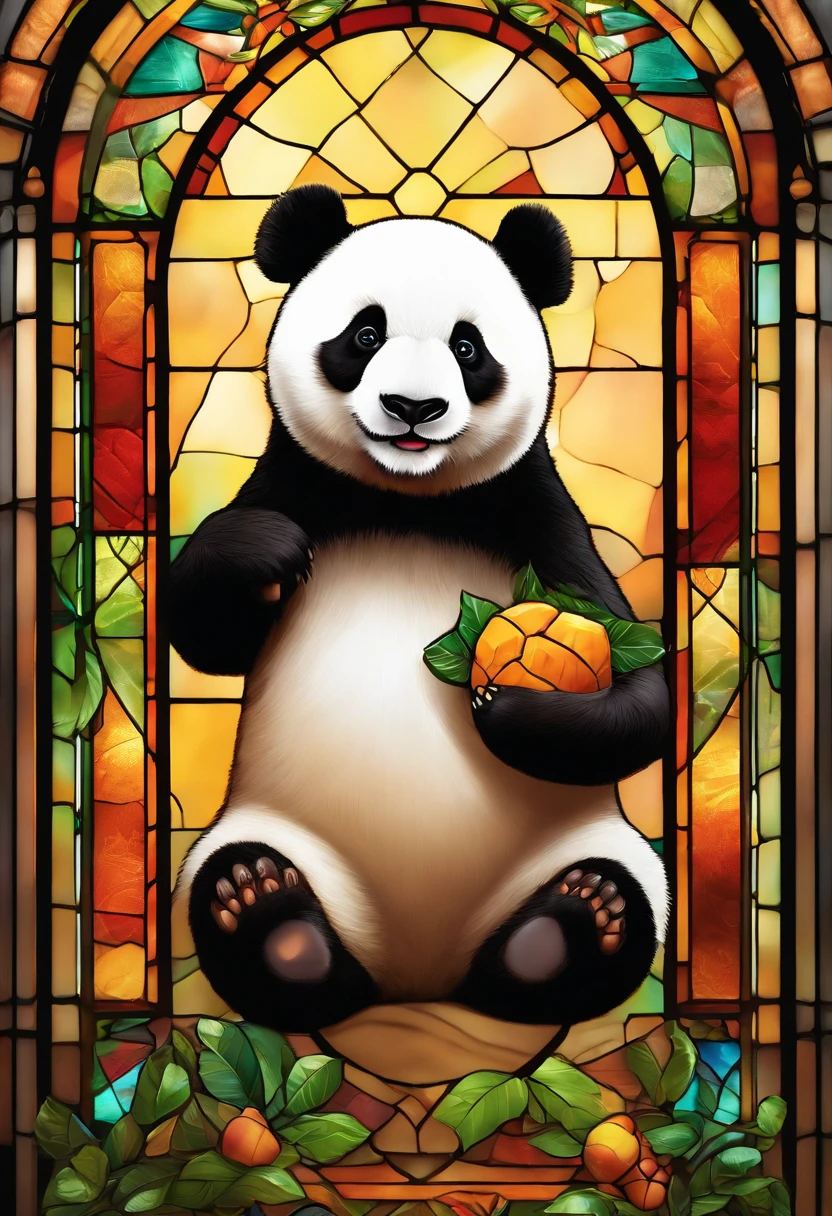 Fluffy Giant Panda，Sasa Panda、Extremely cute，Holding a sweet potato in his hand、Stained glass with light as a background，Colorful space as decoration，Ultimate HD image quality
