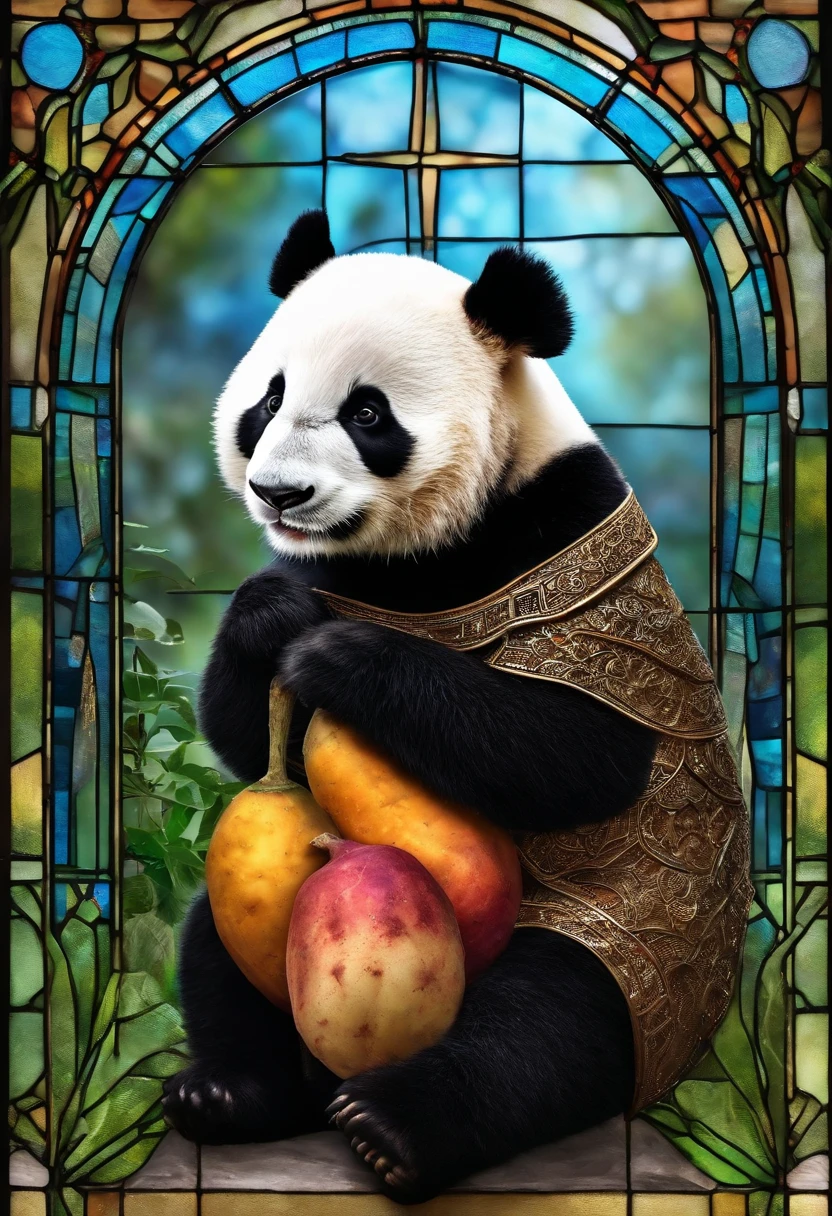 Fluffy Giant Panda,Sasa Panda、Extremely cute,Holding a sweet potato in his hand、Stained glass with light as a background,Colorful space as decoration,Ultimate HD image quality