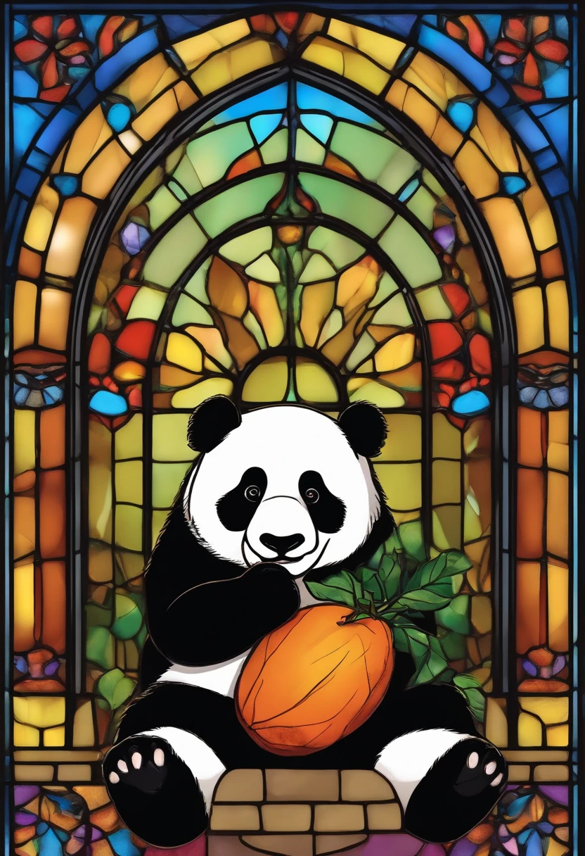 Fluffy Giant Panda，Sasa Panda、Extremely cute，Holding a sweet potato in his hand、Stained glass with light as a background，Colorful space as decoration，Ultimate HD image quality
