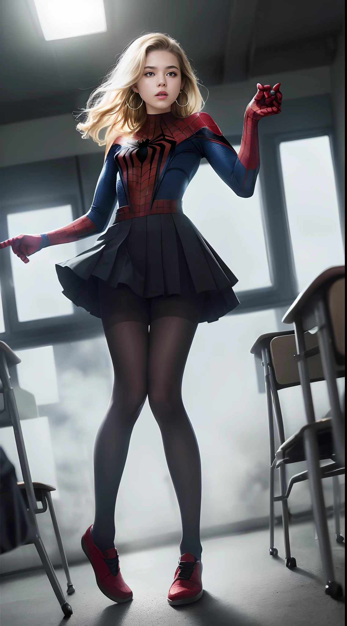 ((-tee spiderman uniform)), beautiful girl, model body, big blue eyes, small breasts, long legs, medium hoop earrings, spiderman uniform, tiny pleated skirt, ((adult pantyhose thread 20 black)), low angle shot, very white skin, long hair, wavy hair, blonde hair, school in the forest, classroom, photorealistic, indirect lighting, volumetric light, specular light, ray tracing, hyperdetailed, best quality , ultra-high resolution, HDR, 8k, soft focus, fog