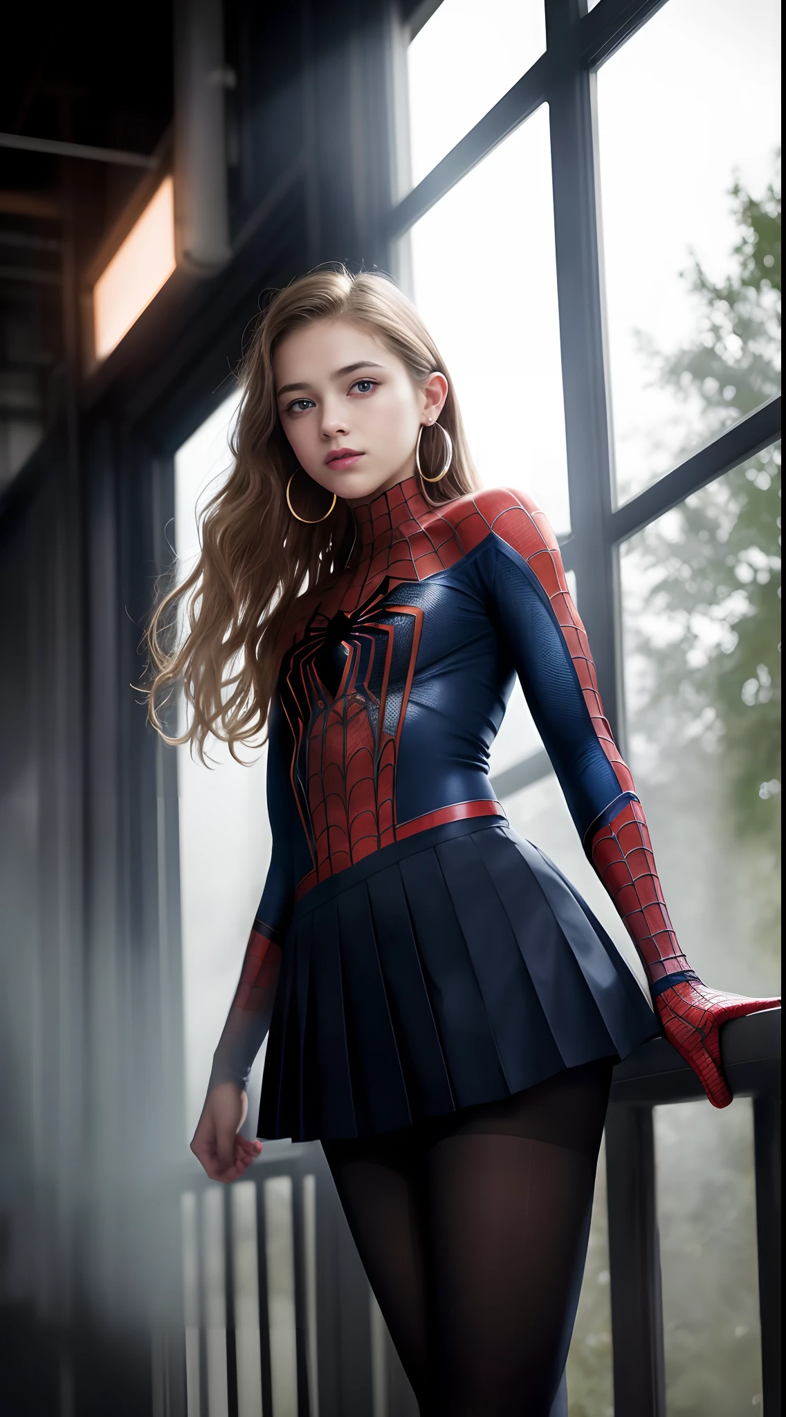 ((Pre-teen in spiderman uniform)), beautiful girl, model body, big blue eyes, small breasts, long legs, medium hoop earrings, spiderman uniform, tiny pleated skirt, ((adult pantyhose thread 20 black)), low angle shot, very white skin, long hair, wavy hair, blonde hair, school in the forest, classroom, photorealistic, indirect lighting, volumetric light, specular light, ray tracing, hyperdetailed, best quality , ultra-high resolution, HDR, 8k, soft focus, fog