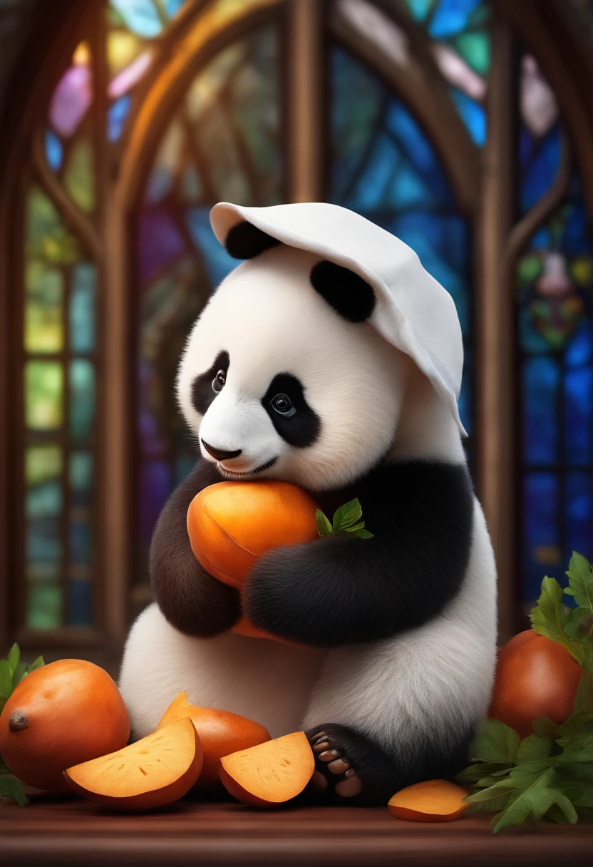 Fluffy Giant Panda，Sasa Panda、Extremely cute，Holding a sweet potato in your hand、Stained glass with light as a background，Colorful space as decoration，Ultimate HD image quality