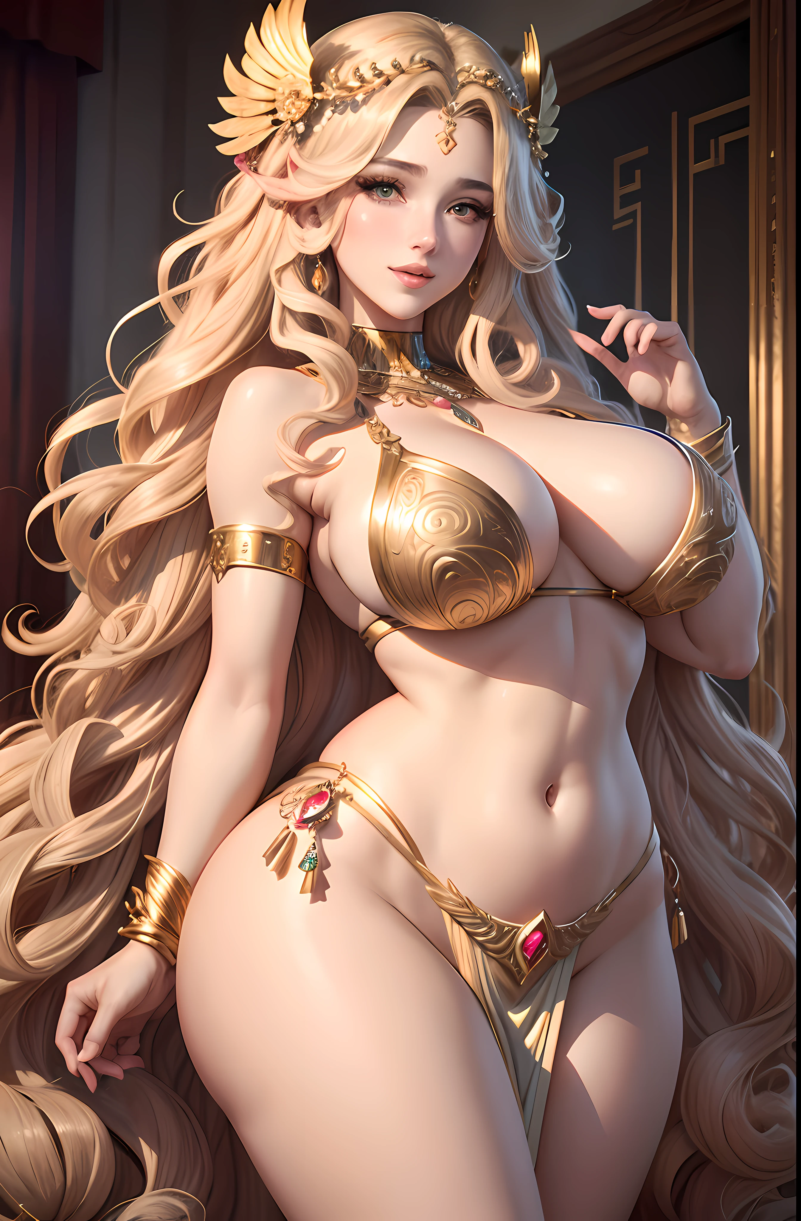 Anime, Aphrodite, (Greek deity), goddess of sexual love and beauty, sleeveless, highly detailed face, youthful face, wide open smile with parted lips, highly detailed eyes, smokey eyes, extremely long curly hair, pretty face, full lips, voluptuous body, large boobs, woman, seductive theme, cleavage,