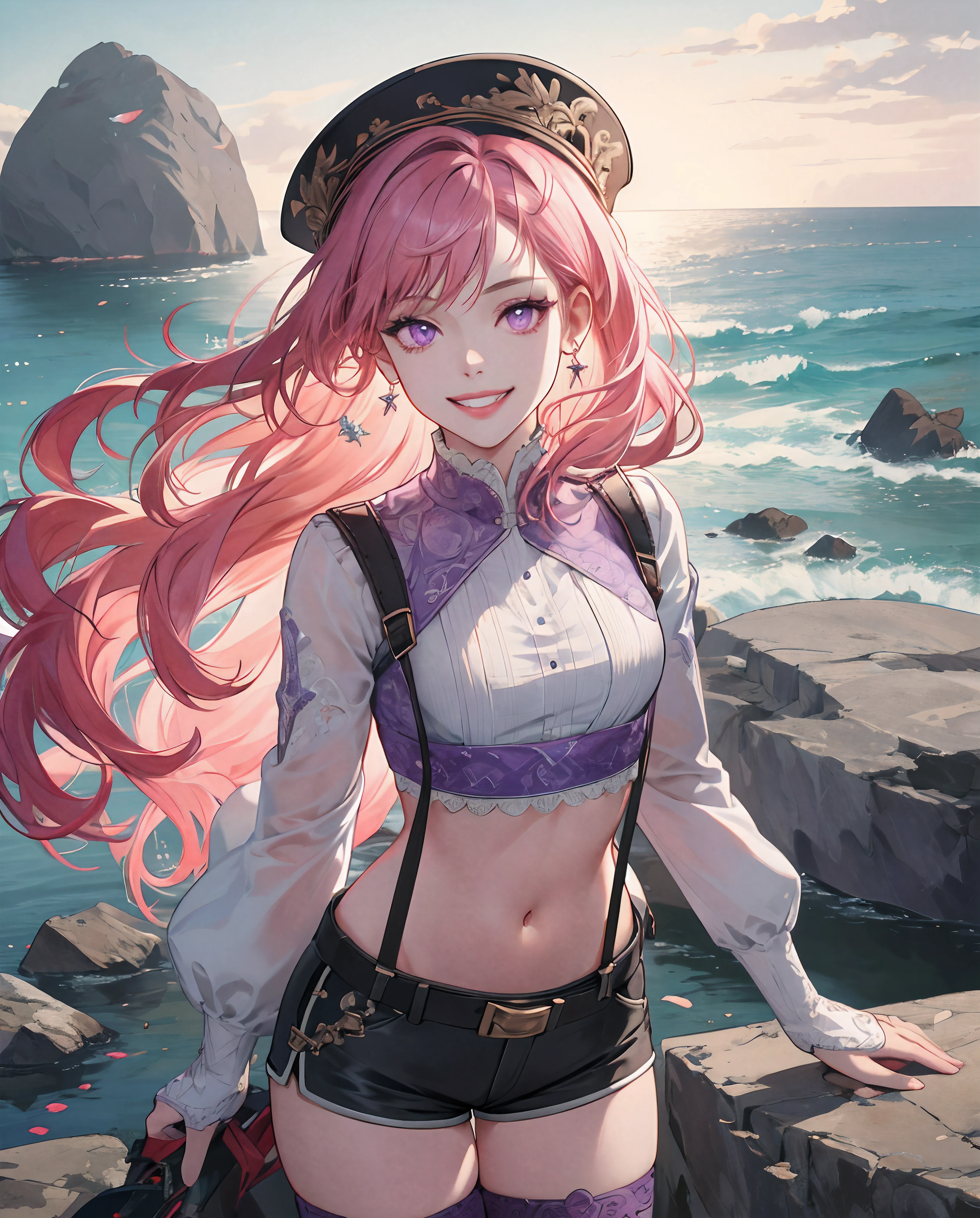 1girl,solo,cute,pink hair,viking,Pirates,big breast,cleavage,on the ship,sea