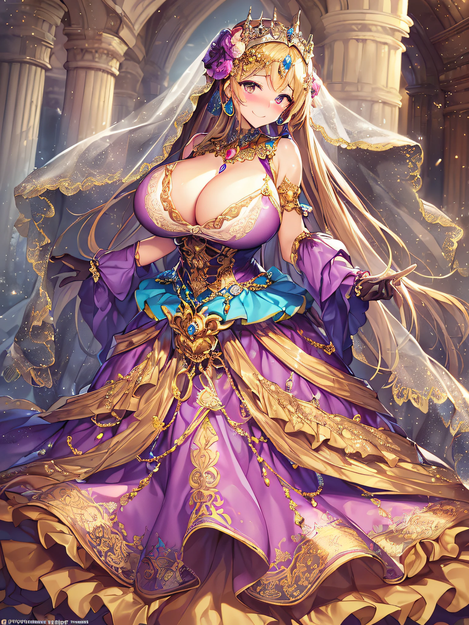 ((Anime Art Style)),(masutepiece),(Best Quality), (Super Detail),((Very delicate and beautiful)),((Full body portrait)),((Stand in the garden)),((Solo)),(((One princess in very gorgeous princess Rococo ballgown with voluminous full length hoop skirt))),(enormous Crinoline Hoop Skirt),Long Train,Gorgeous embroidery and jewelry,(((very very gigantic boobs,Skindentation))),((large amount of straight hair,extremely voluminous Hair,Very Long Straight Hair)),(finely detailed face and eyes),((Seductive smile,embarrassed)),(extremely gorgeousfull hair ornament,very gorgeous tiara adorned with bling-bling jewels),Glitter Gorgeous Gemstone Jewelry,Gorgeous Long Veil,(opera gloves),(Beautiful background),(Full body),((gorgeous princess Rococo ballgown with voluminous full length hoop skirt)),