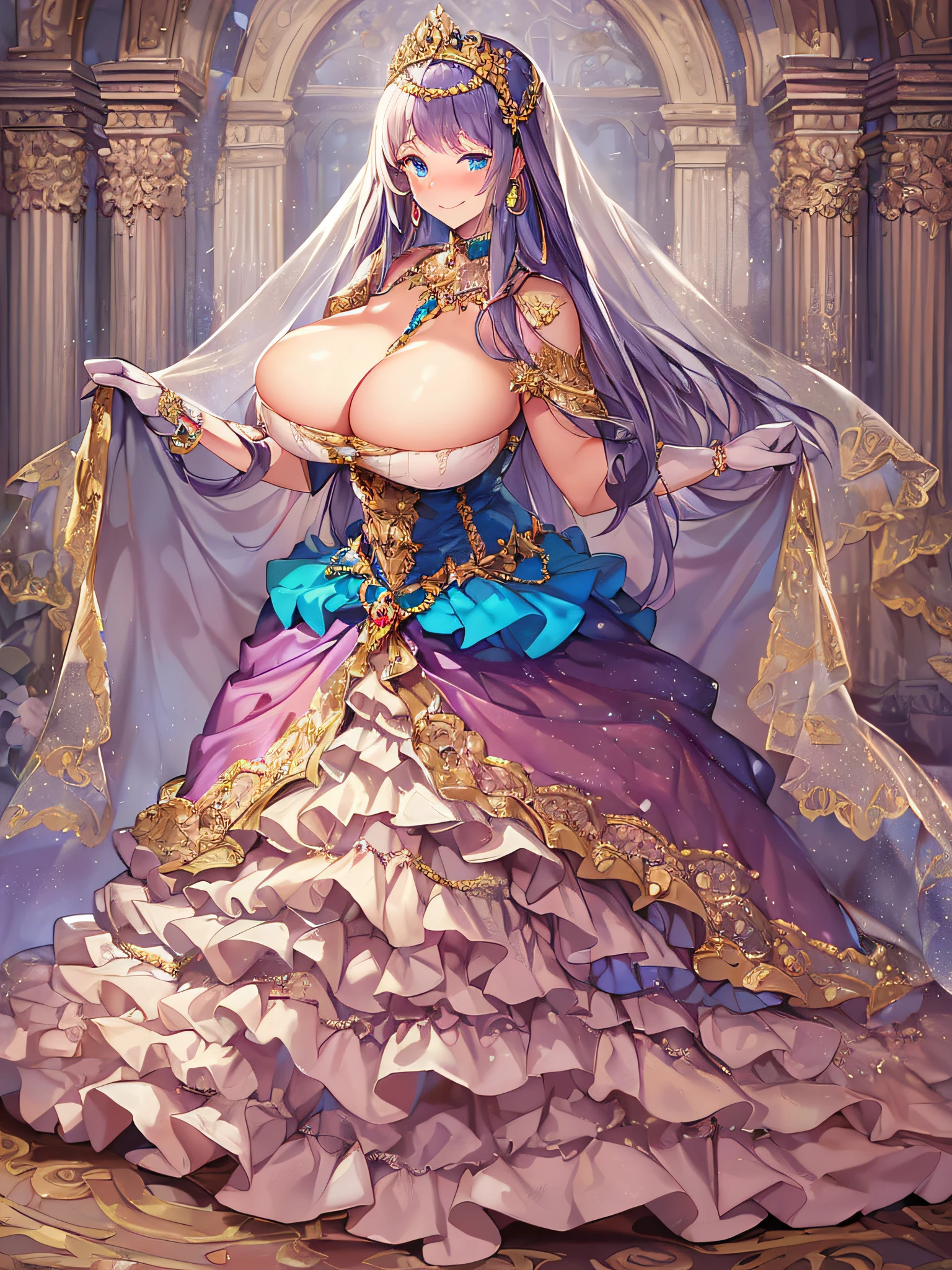 ((Anime Art Style)),(masutepiece),(Best Quality), (Super Detail),((Very delicate and beautiful)),((Full body portrait)),((Stand in the garden)),((Solo)),(((One princess in very gorgeous princess Rococo ballgown with voluminous full length hoop skirt))),(enormous Crinoline Hoop Skirt),Long Train,Gorgeous embroidery and jewelry,(((very very gigantic ,Skindentation))),((large amount of straight hair,extremely voluminous Hair,Very Long Straight Hair)),(finely detailed face and eyes),((Seductive smile,embarrassed)),(extremely gorgeousfull hair ornament,very gorgeous tiara adorned with bling-bling jewels),Glitter Gorgeous Gemstone Jewelry,Gorgeous Long Veil,(opera gloves),(Beautiful background),(Full body),((gorgeous princess Rococo ballgown with voluminous full length hoop skirt)),