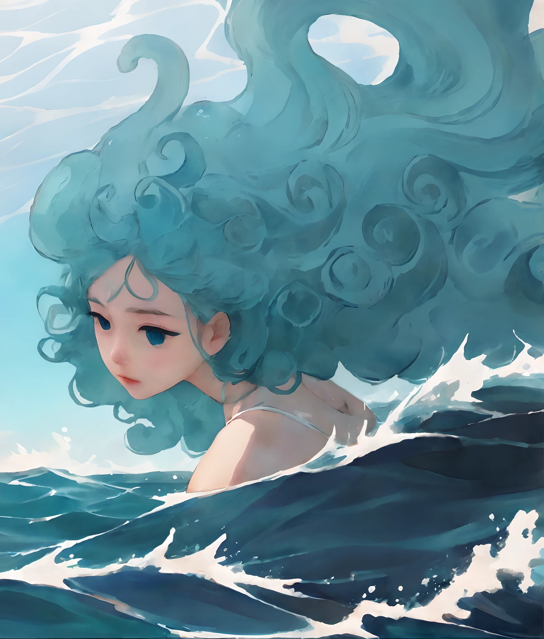 anime girl with blue hair in the ocean with waves, goddess of the ocean, in the sea, goddess of the sea, anime girl with teal hair, in the ocean, wallpaper anime blue water, azure ocean, azure. detailed hair, painted in anime painter studio, at the sea, water element, anime illustration, a beautiful artwork illustration, azure water, black eyes