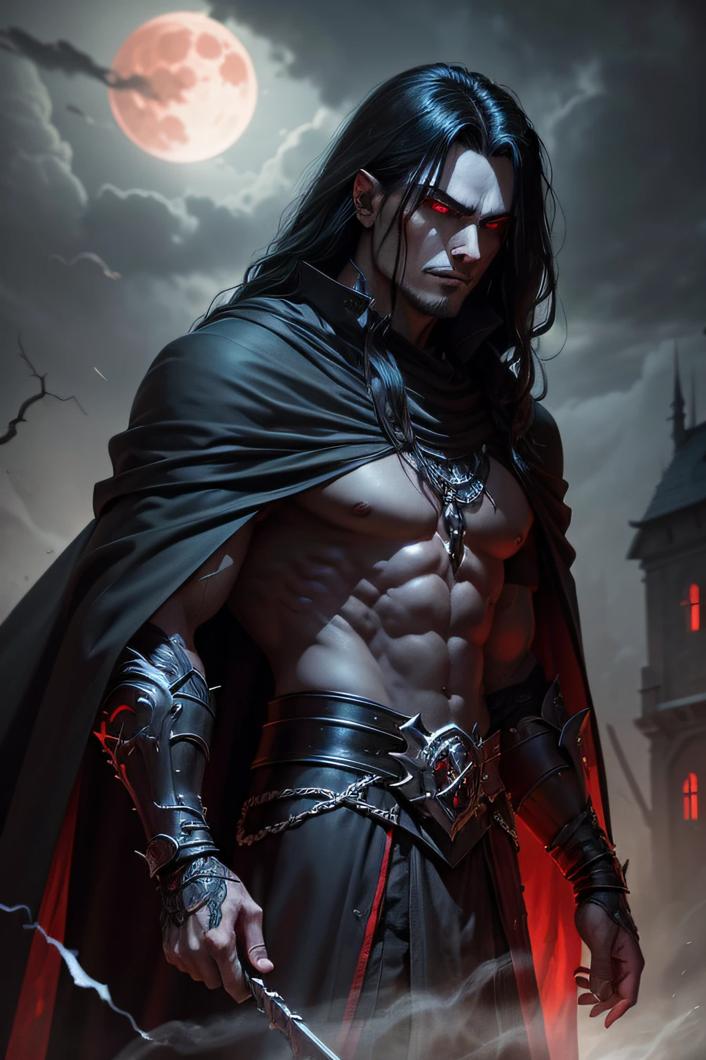 a dark muscular male evil lord, long flowing black hair, black and red cloak, piercing red eyes, menacing expression, powerful aura, standing in a dimly lit chamber,, casting eerie shadows, , adorned with intricate details, with a sinister grin, exuding an aura of darkness, with an intimidating presence, in a gothic castle, with imposing architecture, shrouded in mist, under a blood-red moon, with a storm brewing in the background, creating a foreboding atmosphere, reminiscent of a dark fantasy novel cover, with a dramatic lighting, emphasizing the contrast between light and shadow, evoking a sense of mystery and danger, with a touch of supernatural elements and captivating artistry."