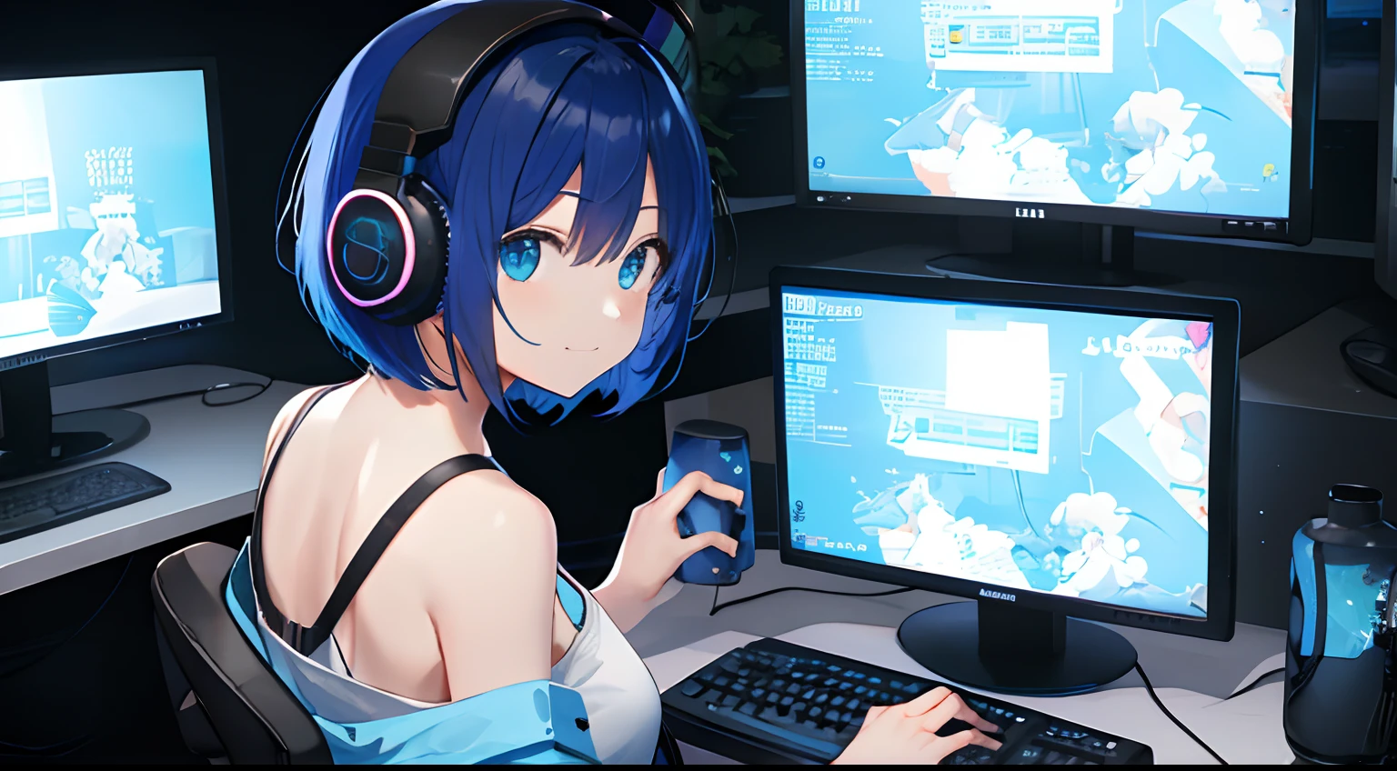 Dark room without windows、Neon lighting、Anime woman using desktop computer、((Use a gaming computer with a large screen))、18year old、Upper body, mid-shot,photographed from the back、A smile、Turned、 femele, Detailed eyes, (Beautiful woman doing commentary on the game、youtuber)),headphones ,short-hair, ((Blue short bob hair)), Bangs,Everyday clothes、Fashionable、Sit in a gaming chair